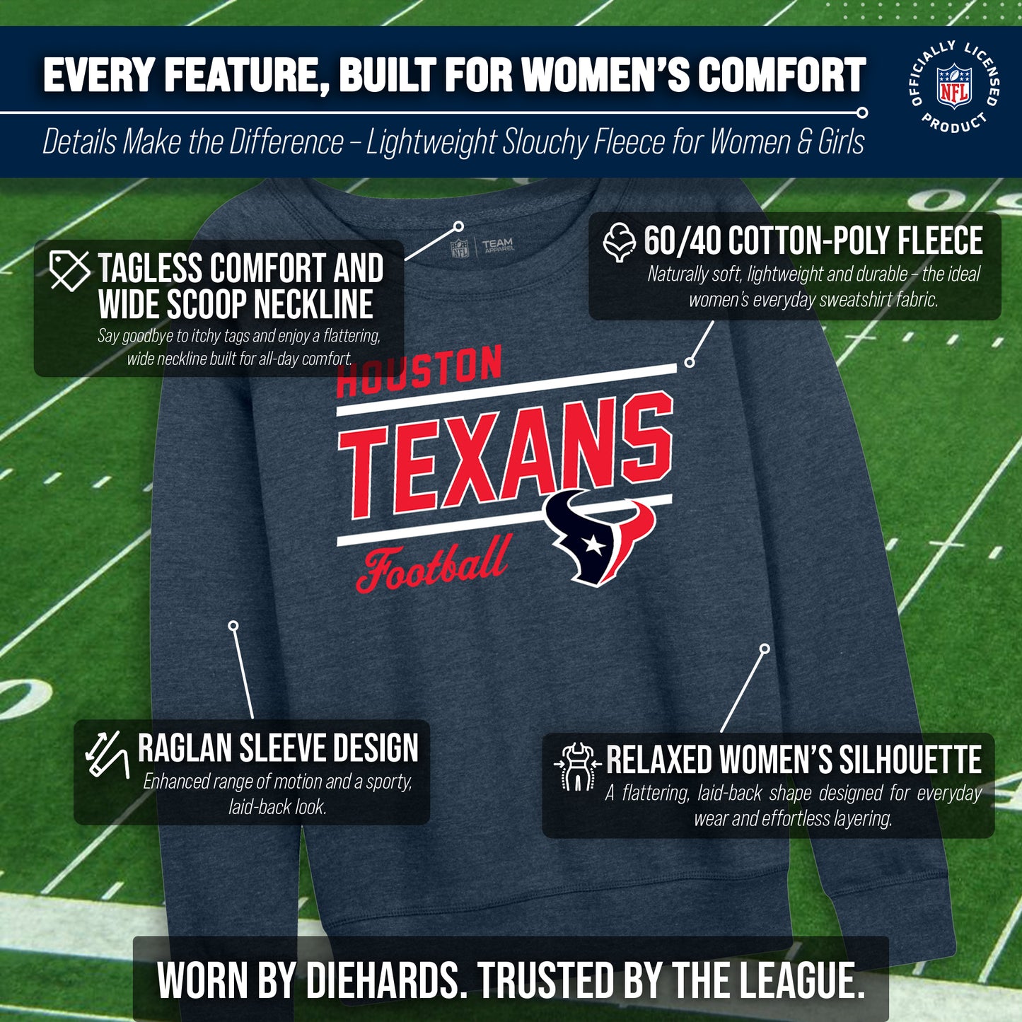 Houston Texans NFL Womens Gameday French Terry Slouchy Top- Raglan Sleeves - Navy