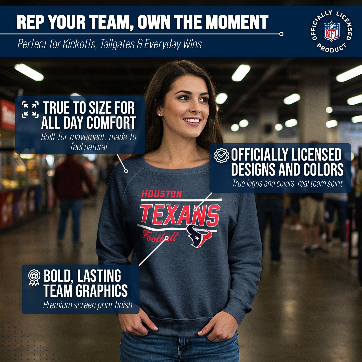 Houston Texans NFL Womens Gameday French Terry Slouchy Top- Raglan Sleeves - Navy