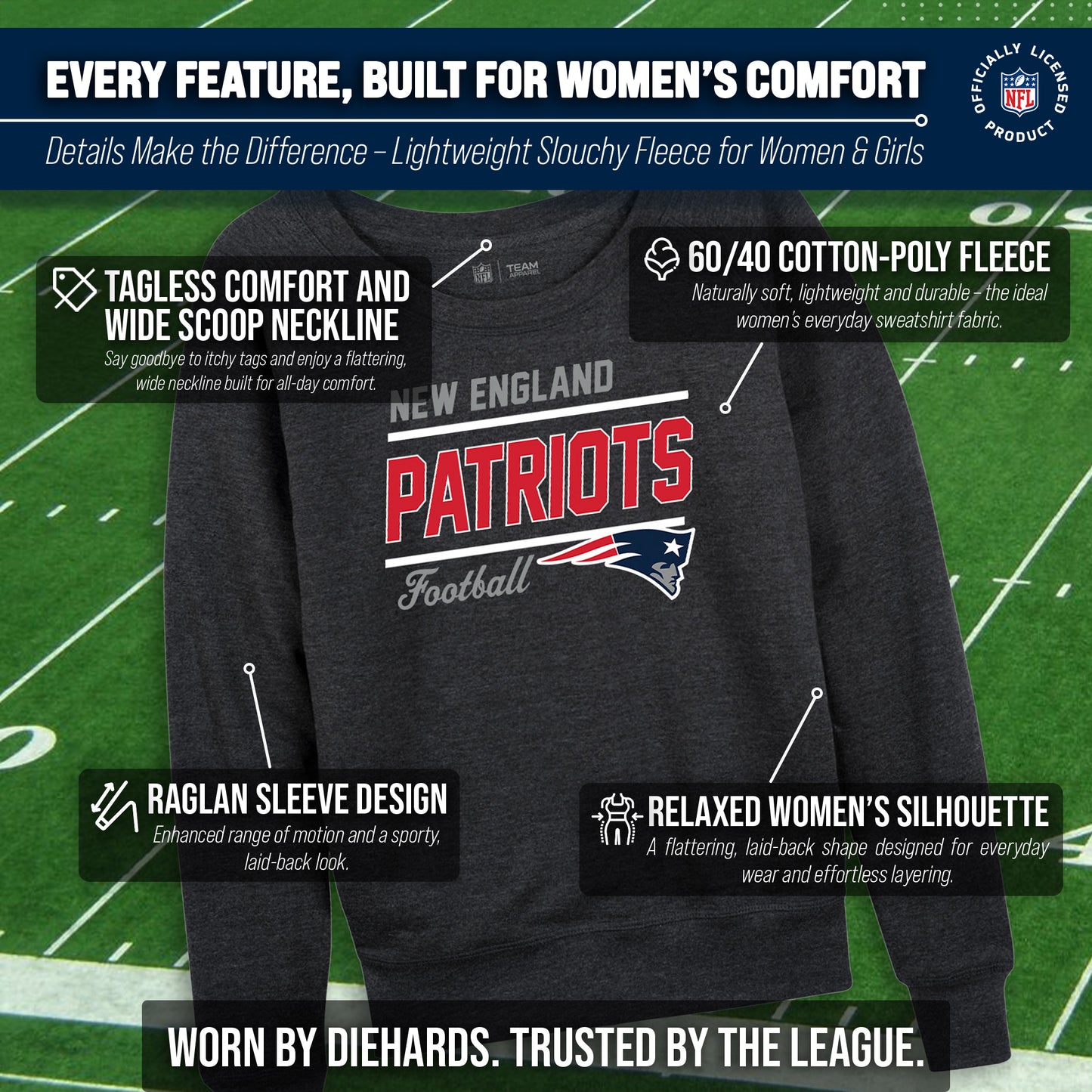 New England Patriots NFL Womens Gameday French Terry Slouchy Top- Raglan Sleeves - Heather Charcoal