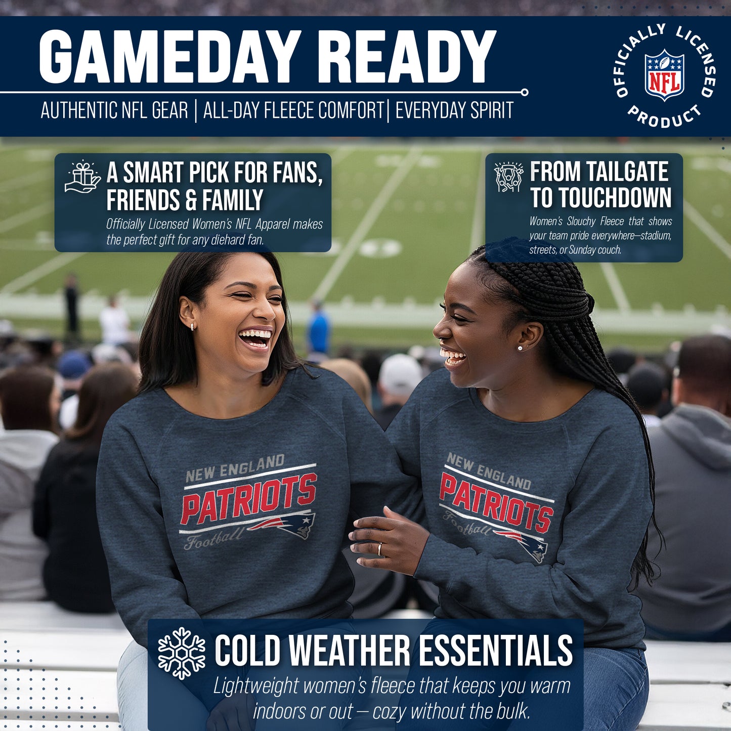 New England Patriots NFL Womens Gameday French Terry Slouchy Top- Raglan Sleeves - Navy