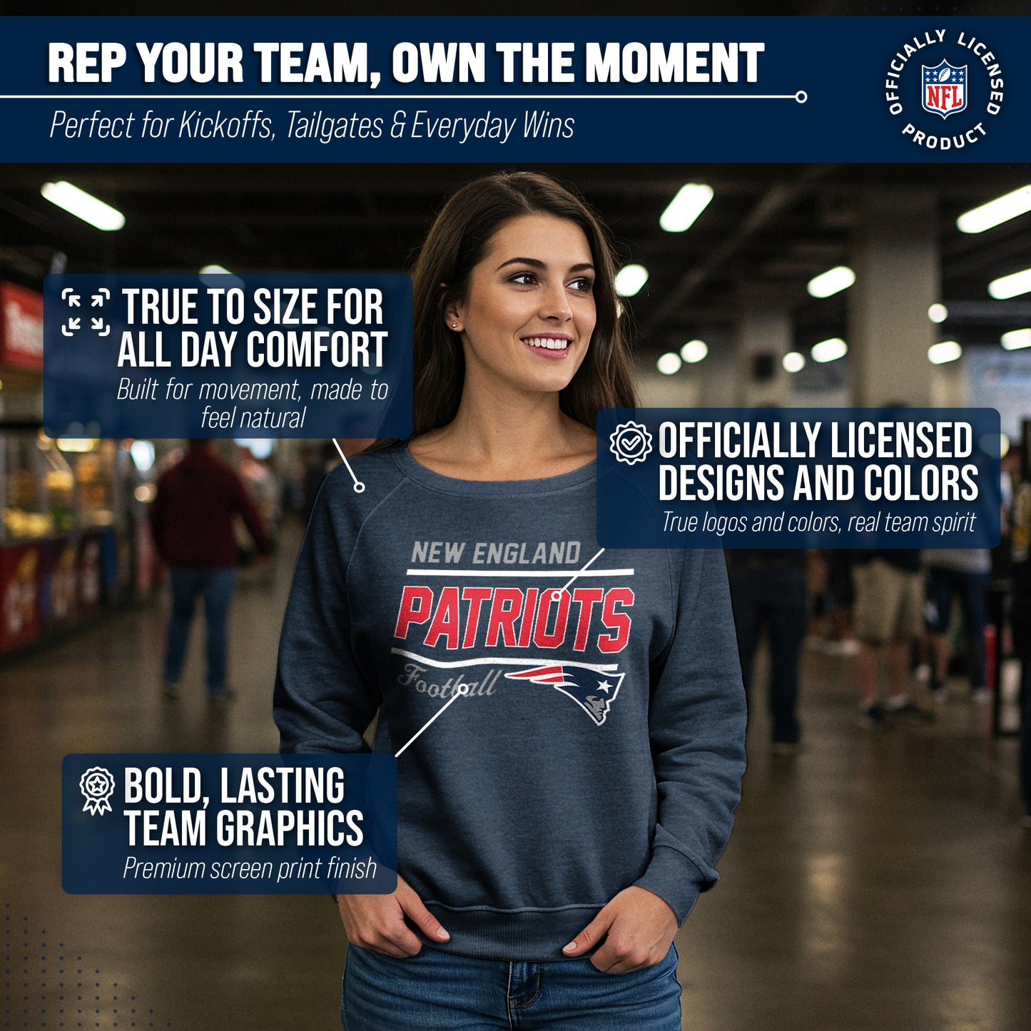 New England Patriots NFL Womens Gameday French Terry Slouchy Top- Raglan Sleeves - Navy