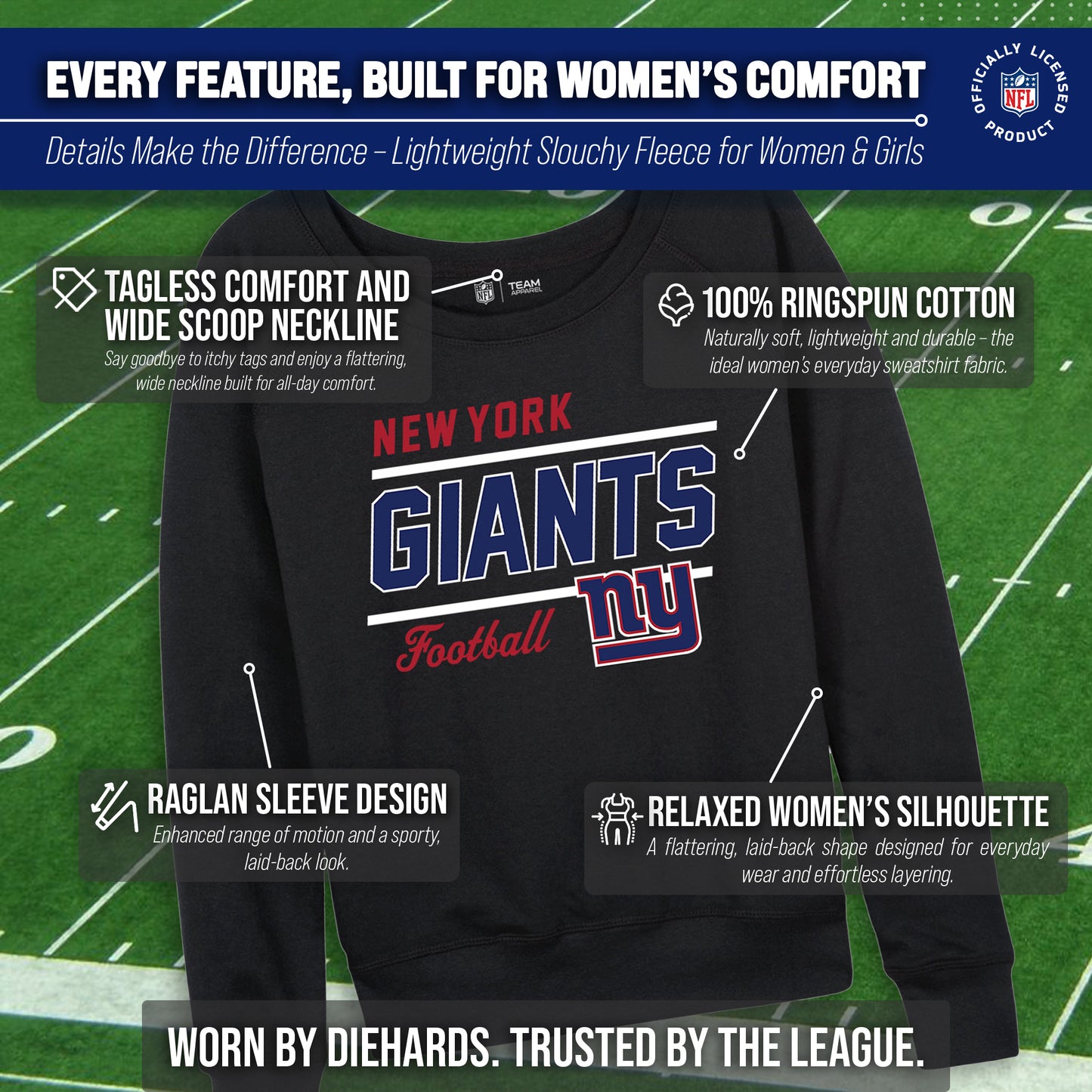New York Giants NFL Womens Gameday French Terry Slouchy Top- Raglan Sleeves - Black