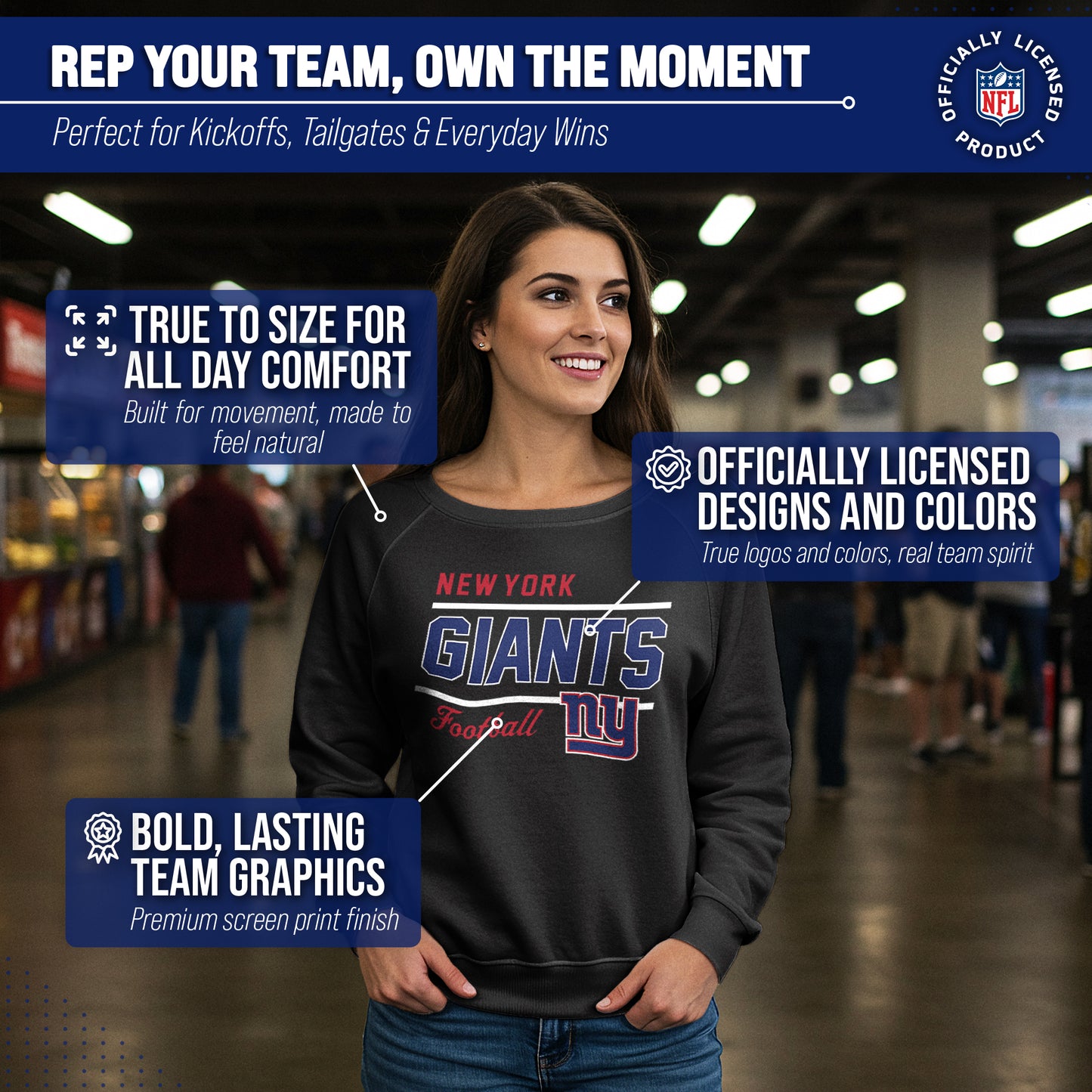 New York Giants NFL Womens Gameday French Terry Slouchy Top- Raglan Sleeves - Black