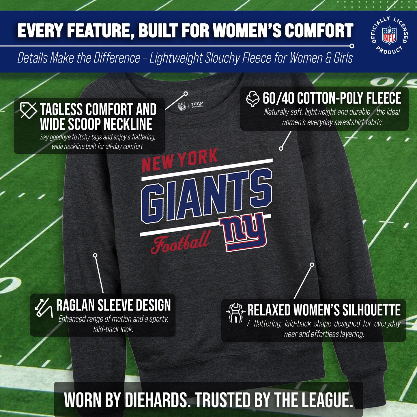 New York Giants NFL Womens Gameday French Terry Slouchy Top- Raglan Sleeves - Charcoal