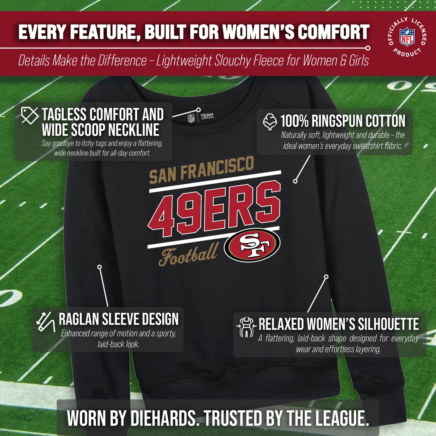 San Francisco 49ers NFL Womens Gameday French Terry Slouchy Top- Raglan Sleeves - Black