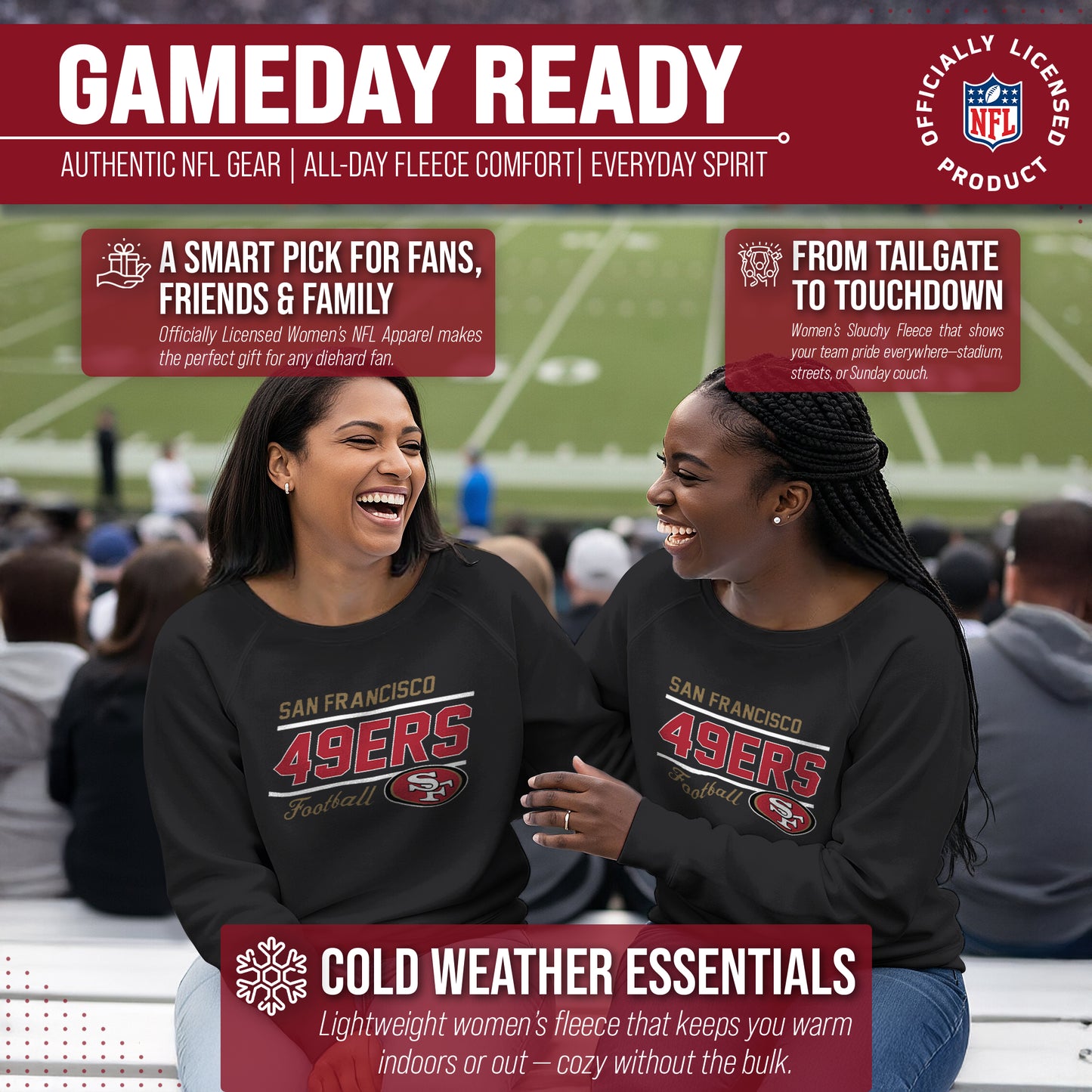 San Francisco 49ers NFL Womens Gameday French Terry Slouchy Top- Raglan Sleeves - Black