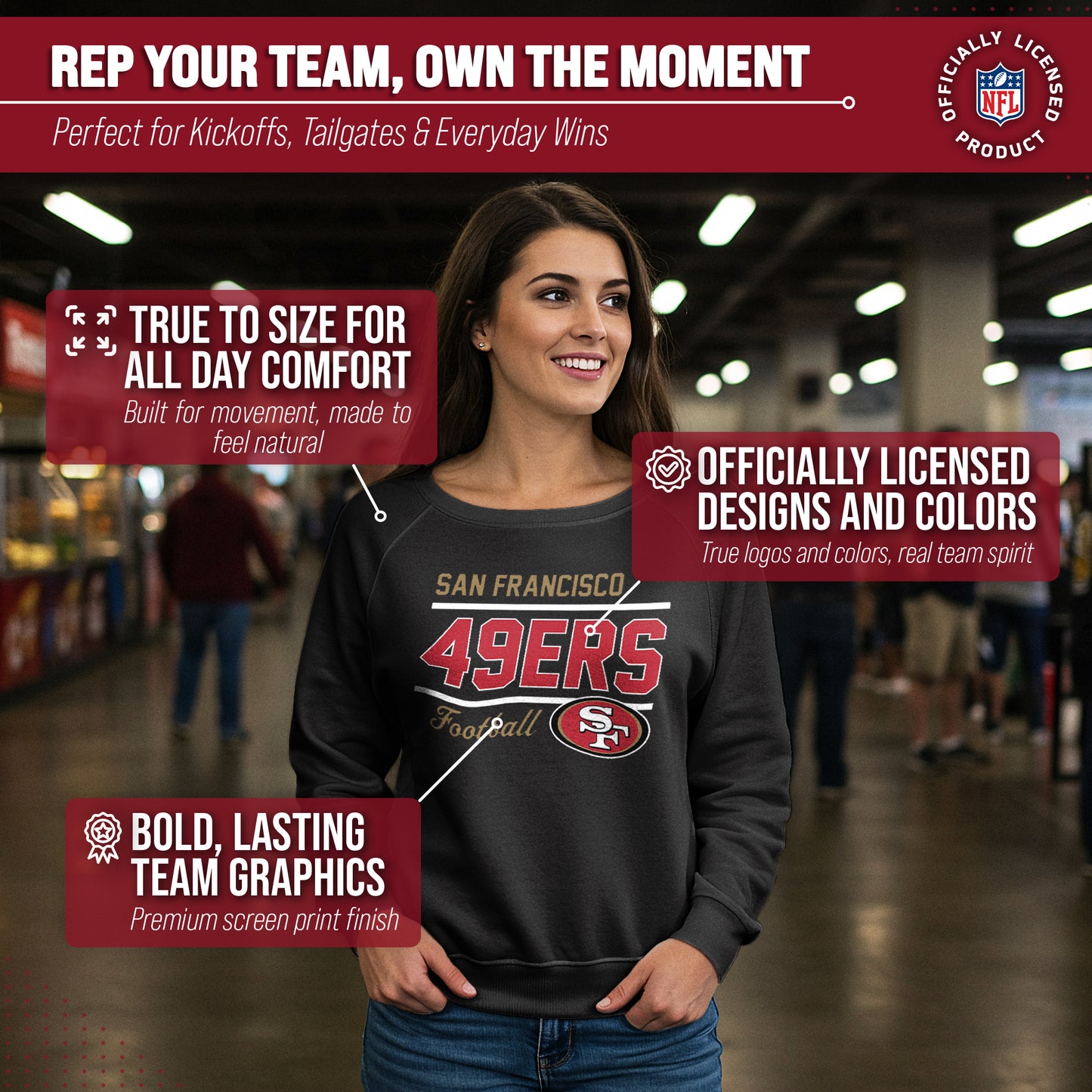 San Francisco 49ers NFL Womens Gameday French Terry Slouchy Top- Raglan Sleeves - Black