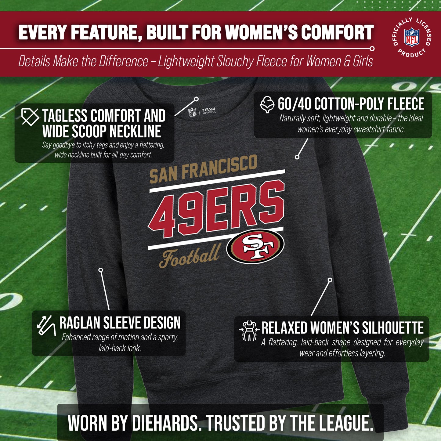 San Francisco 49ers NFL Womens Gameday French Terry Slouchy Top- Raglan Sleeves - Charcoal