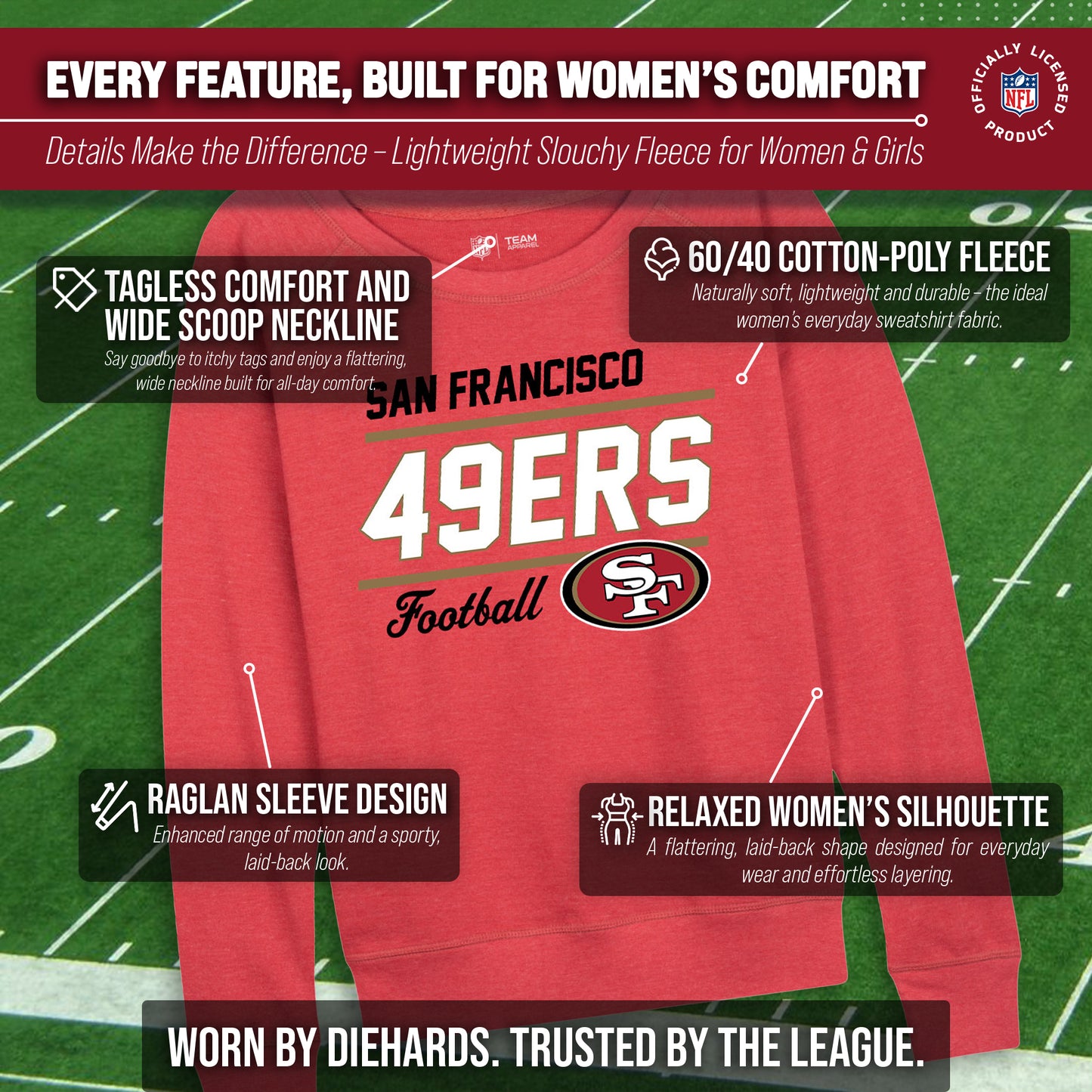 San Francisco 49ers NFL Womens Gameday French Terry Slouchy Top- Raglan Sleeves - Red