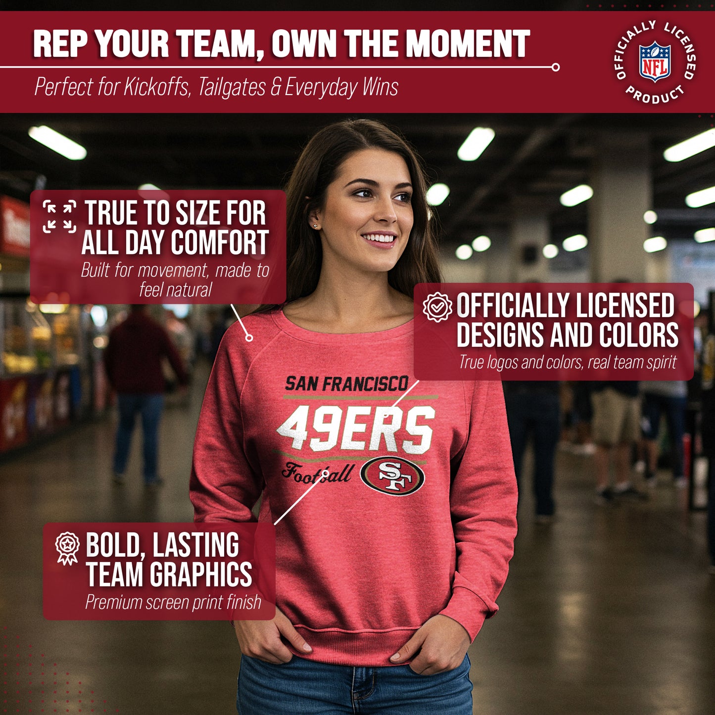 San Francisco 49ers NFL Womens Gameday French Terry Slouchy Top- Raglan Sleeves - Red