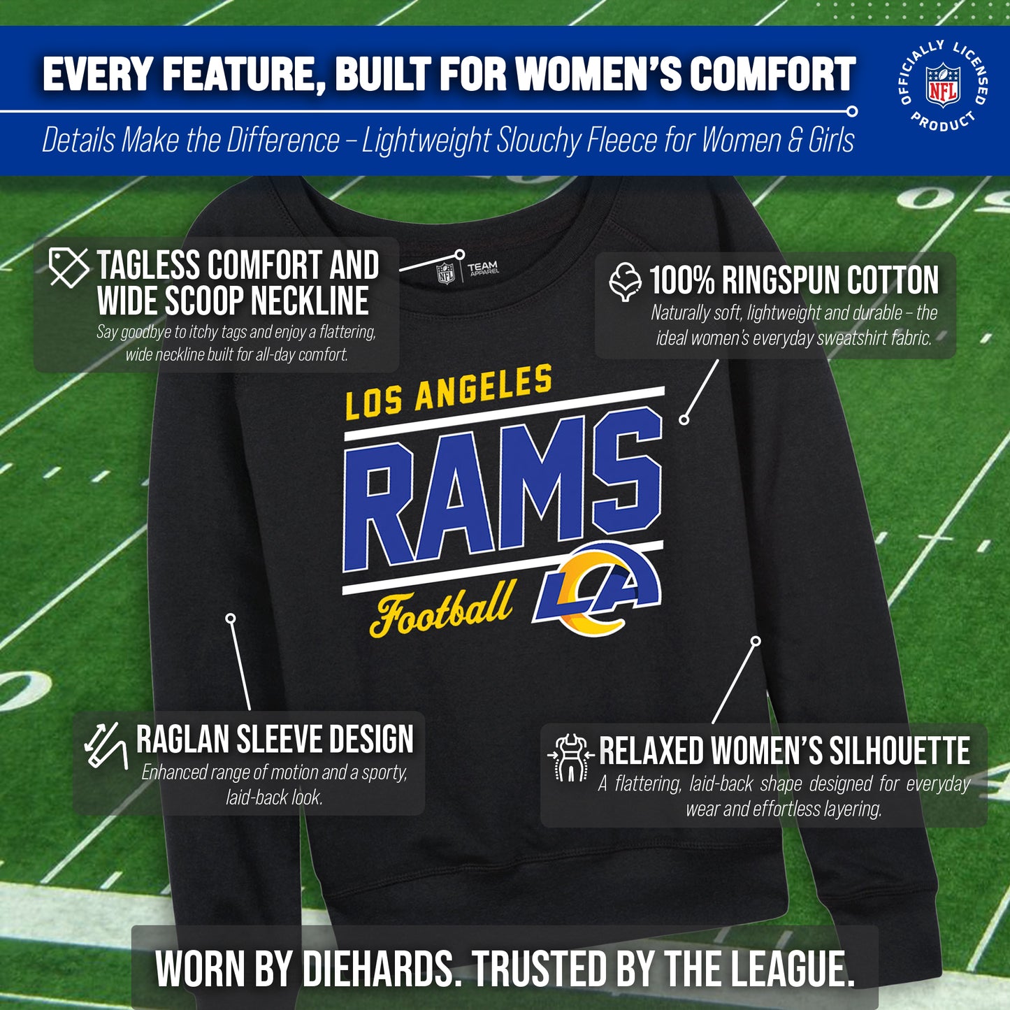 Los Angeles Rams NFL Womens Gameday French Terry Slouchy Top- Raglan Sleeves - Black