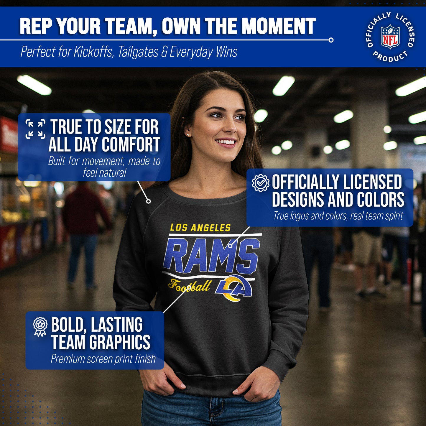 Los Angeles Rams NFL Womens Gameday French Terry Slouchy Top- Raglan Sleeves - Black