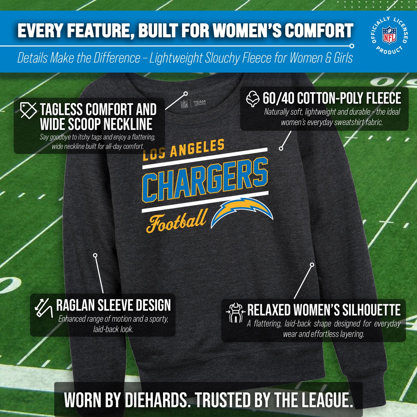 Los Angeles Chargers NFL Womens Gameday French Terry Slouchy Top- Raglan Sleeves - Heather Charcoal