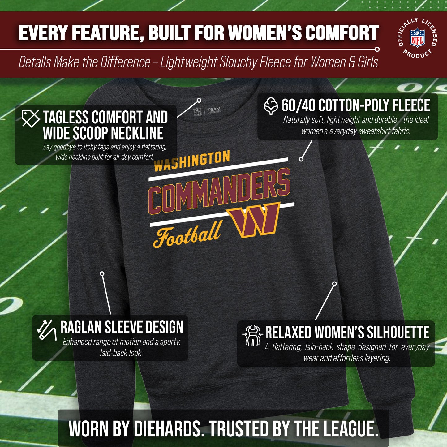 Washington Commanders NFL Womens Gameday French Terry Slouchy Top- Raglan Sleeves - Heather Charcoal
