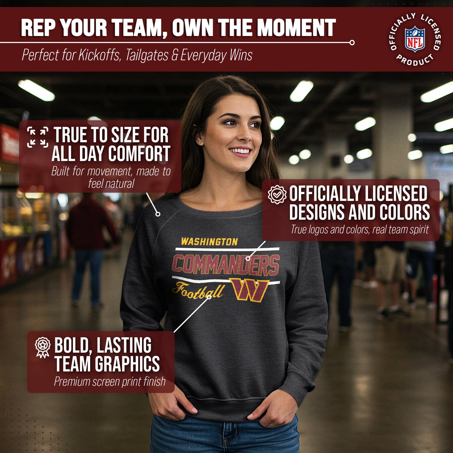Washington Commanders NFL Womens Gameday French Terry Slouchy Top- Raglan Sleeves - Heather Charcoal