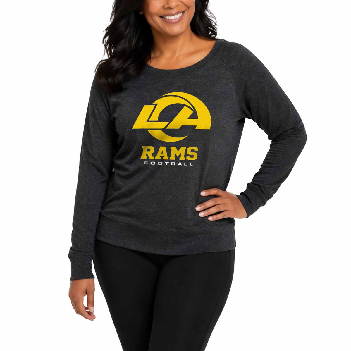 Los Angeles Rams NFL Womens Ultimate Fan French Terry Slouchy Top- Raglan Sleeves - Charcoal
