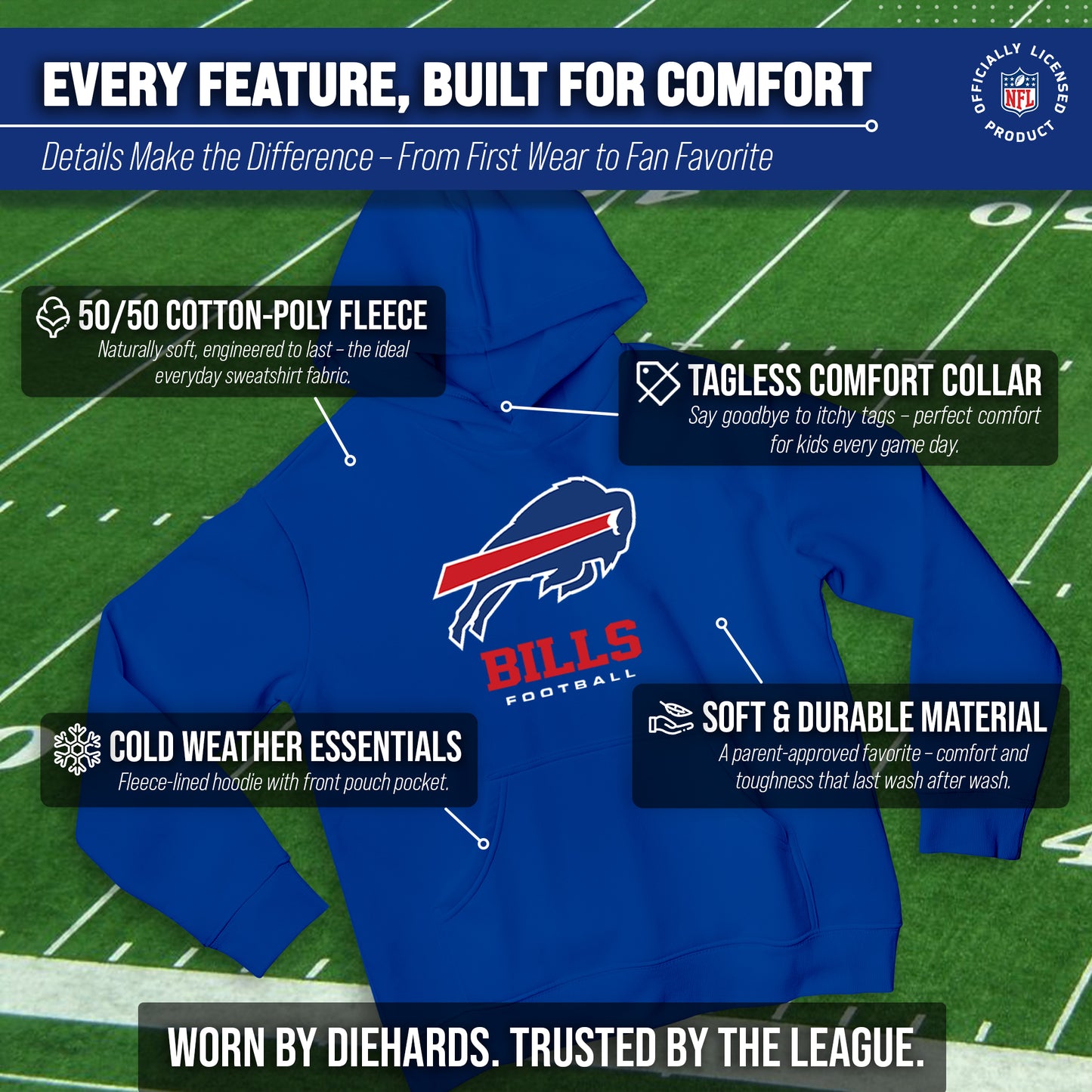 Buffalo Bills Youth NFL Ultimate Fan Logo Fleece Hooded Sweatshirt -Tagless Football Pullover For Kids - Royal
