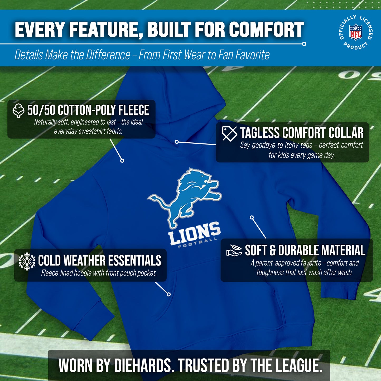 Detroit Lions Youth NFL Ultimate Fan Logo Fleece Hooded Sweatshirt -Tagless Football Pullover For Kids - Royal