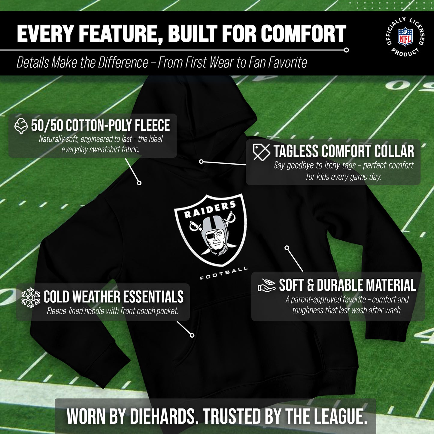 Las Vegas Raiders Youth NFL Ultimate Fan Logo Fleece Hooded Sweatshirt -Tagless Football Pullover For Kids - Black