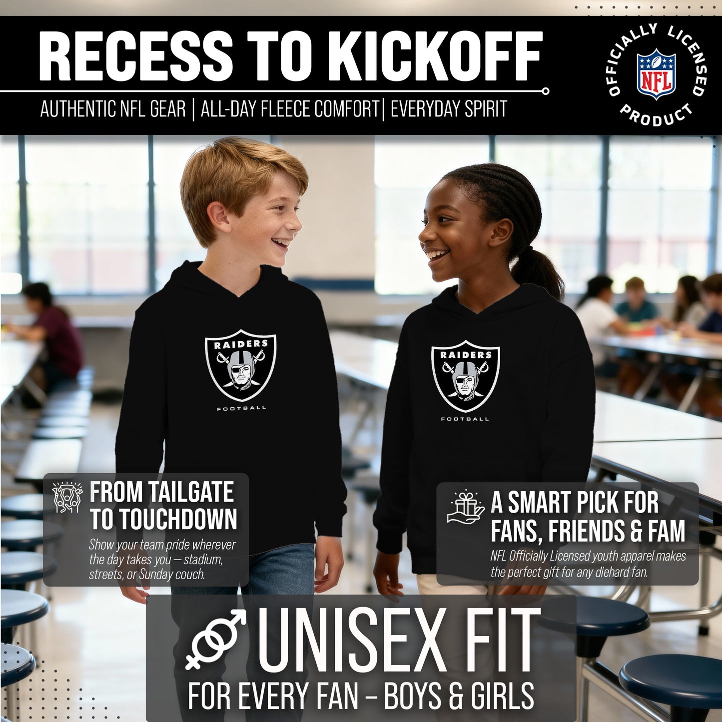 Las Vegas Raiders Youth NFL Ultimate Fan Logo Fleece Hooded Sweatshirt -Tagless Football Pullover For Kids - Black