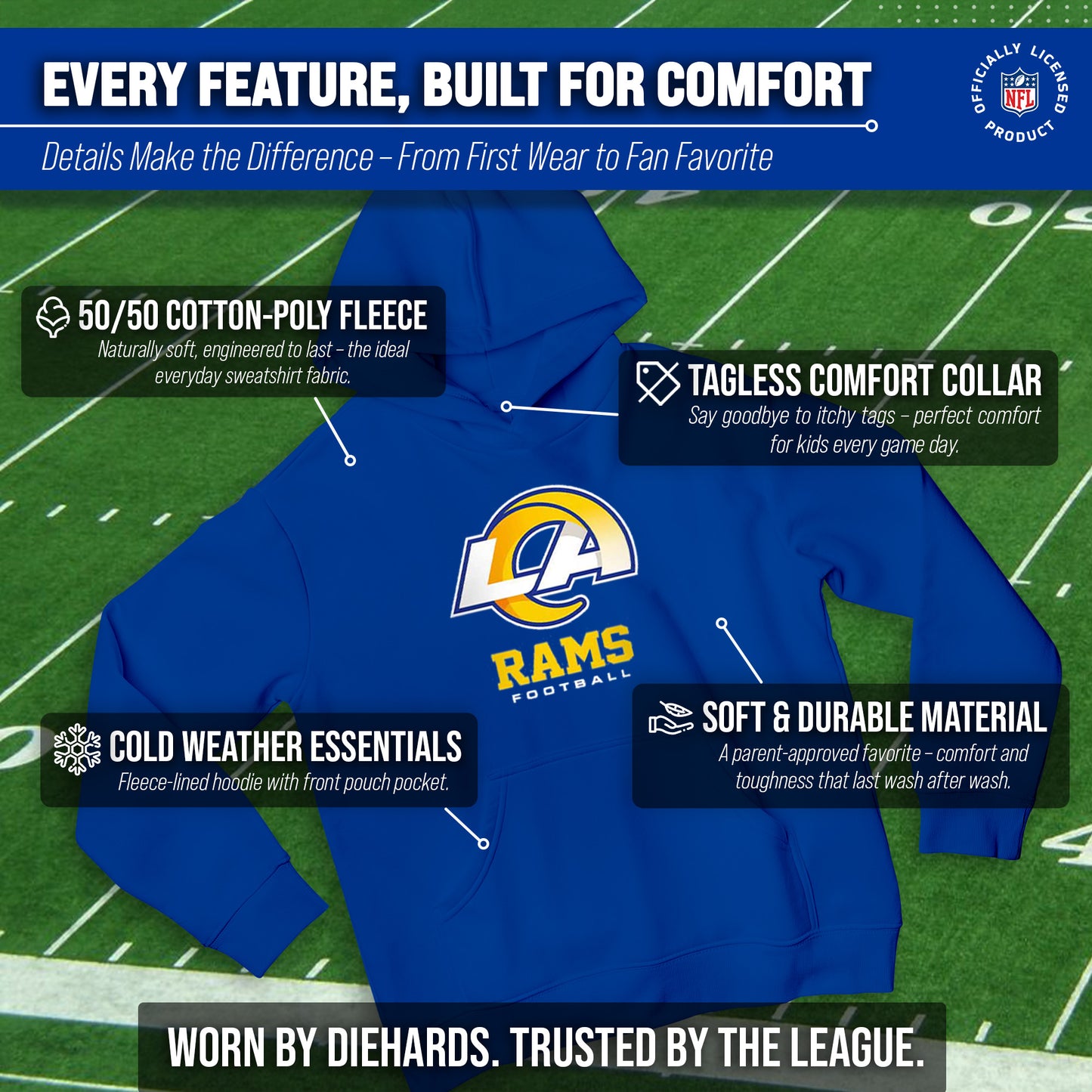 Los Angeles Rams Youth NFL Ultimate Fan Logo Fleece Hooded Sweatshirt -Tagless Football Pullover For Kids - Royal