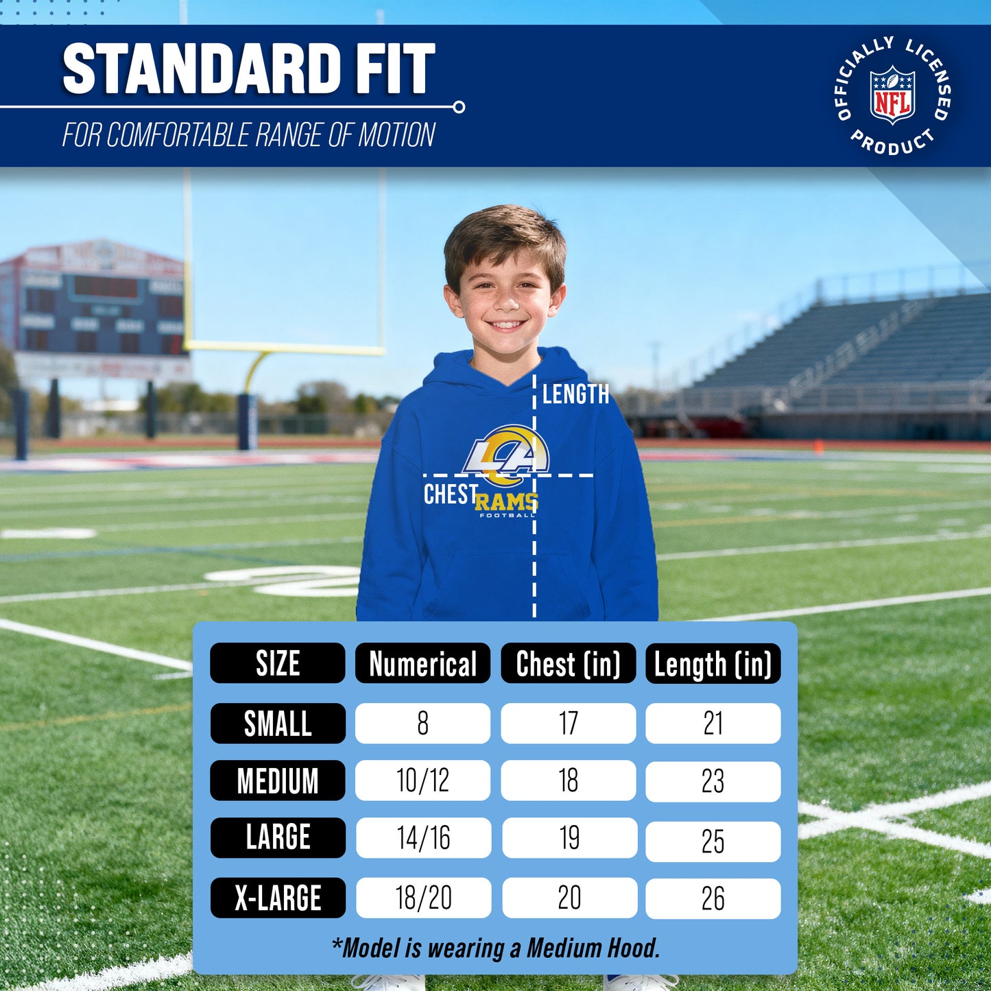 Los Angeles Rams Youth NFL Ultimate Fan Logo Fleece Hooded Sweatshirt -Tagless Football Pullover For Kids - Royal