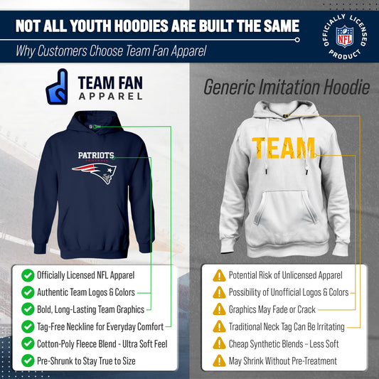 New England Patriots Youth NFL Ultimate Fan Logo Fleece Hooded Sweatshirt -Tagless Football Pullover For Kids - Navy