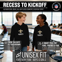 New Orleans Saints Youth NFL Ultimate Fan Logo Fleece Hooded Sweatshirt -Tagless Football Pullover For Kids - Black