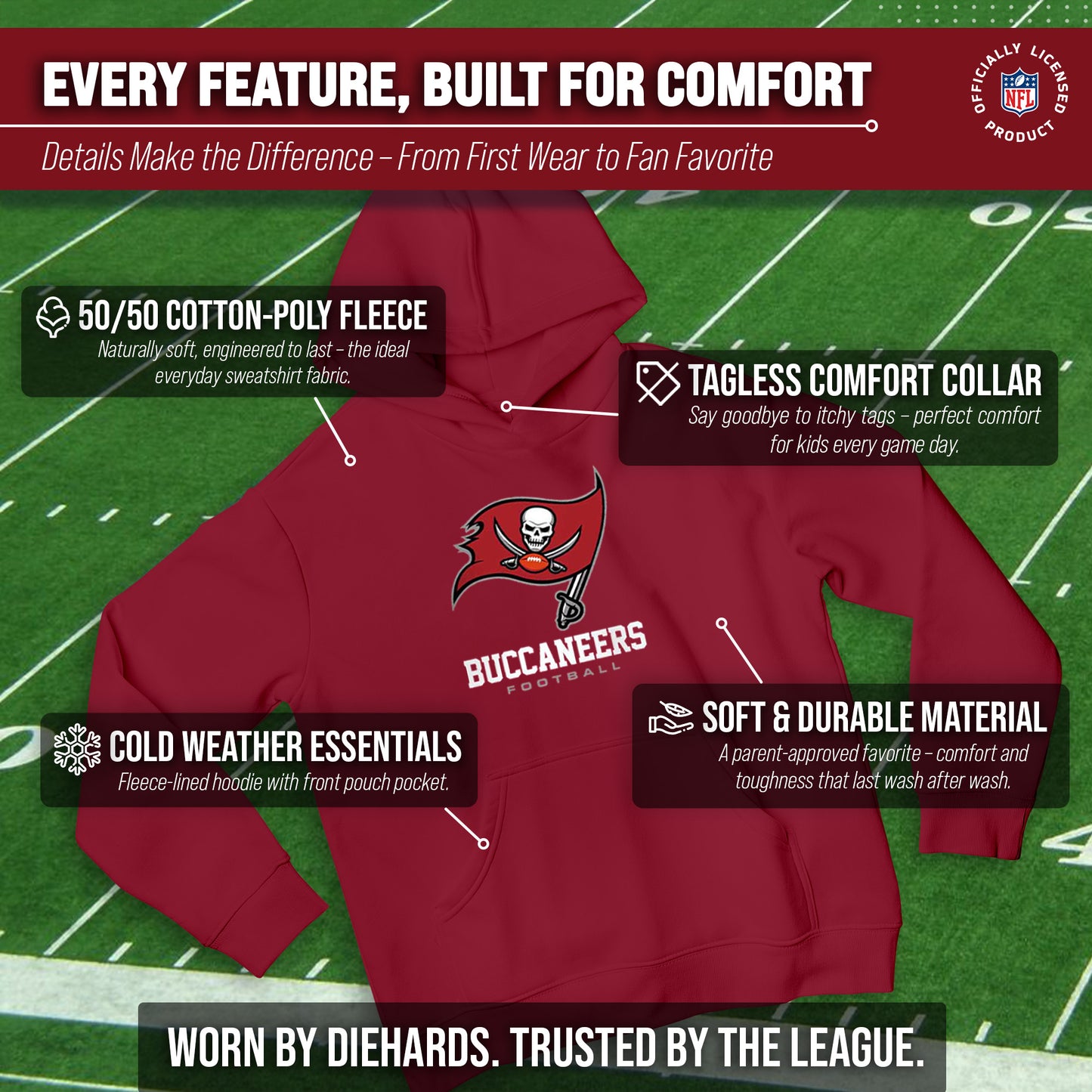 Tampa Bay Buccaneers Youth NFL Ultimate Fan Logo Fleece Hooded Sweatshirt -Tagless Football Pullover For Kids - Cardinal