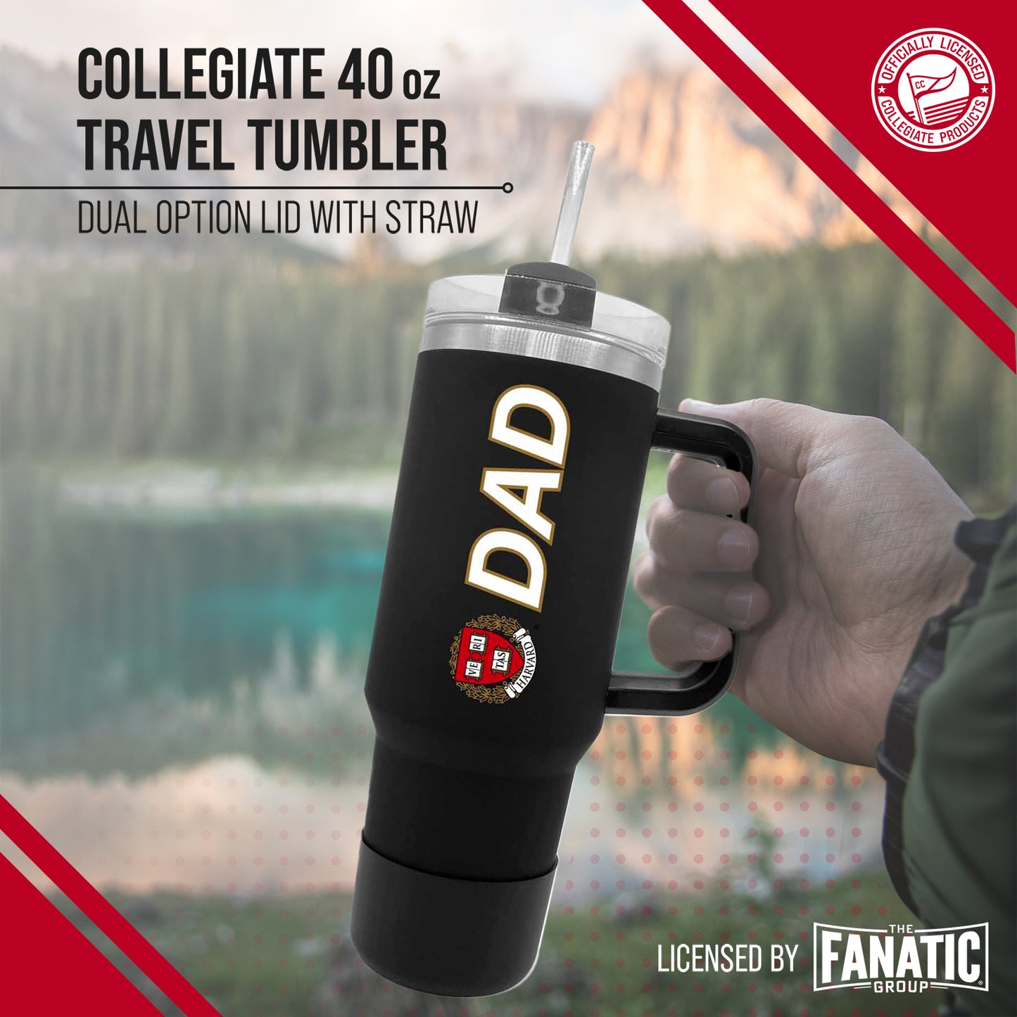 Harvard Crimson Collegiate 40oz Stainless Steel Travel Tumbler with Handle for Dad - Black
