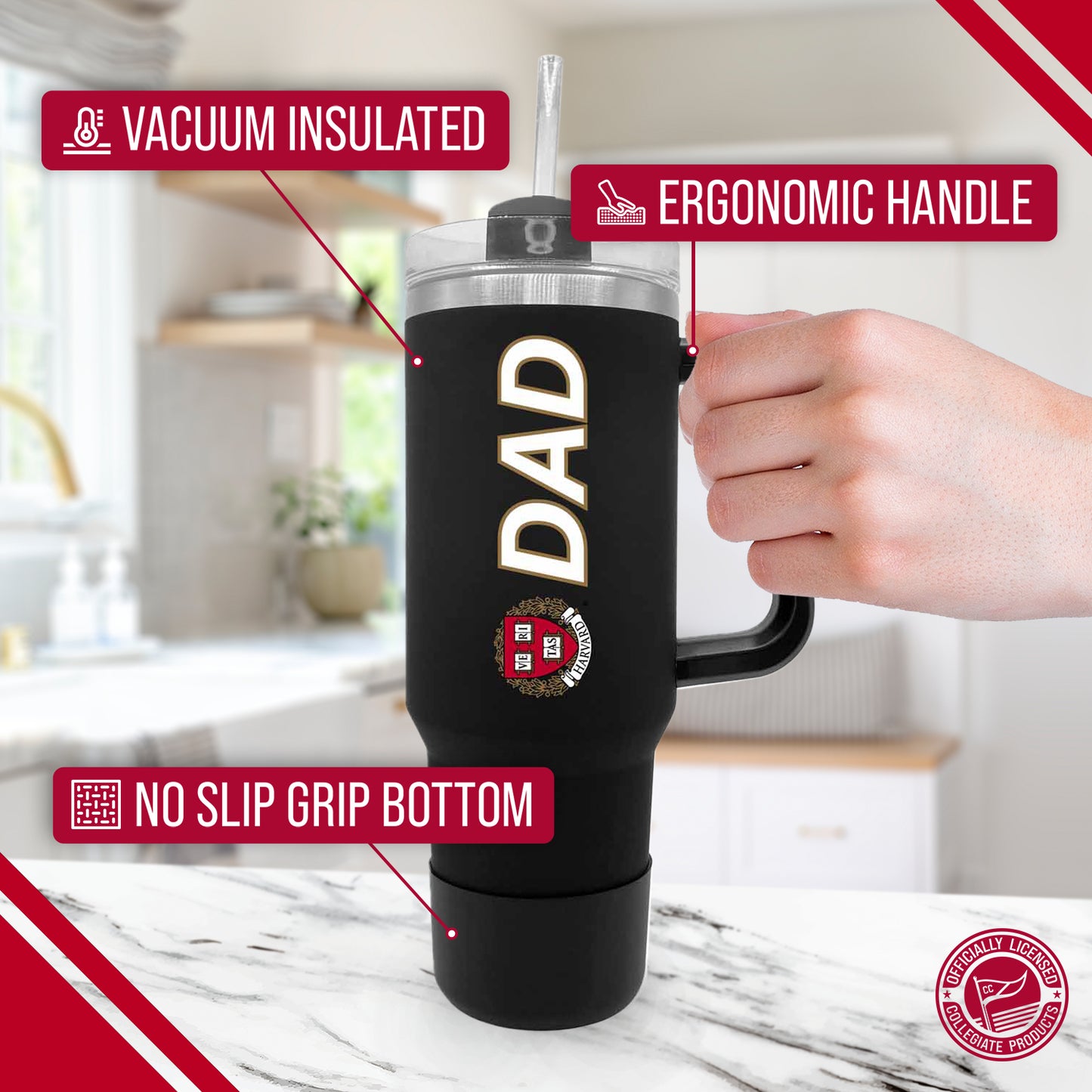 Harvard Crimson Collegiate 40oz Stainless Steel Travel Tumbler with Handle for Dad - Black
