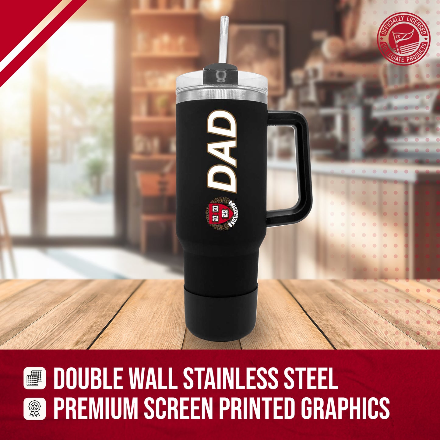 Harvard Crimson Collegiate 40oz Stainless Steel Travel Tumbler with Handle for Dad - Black