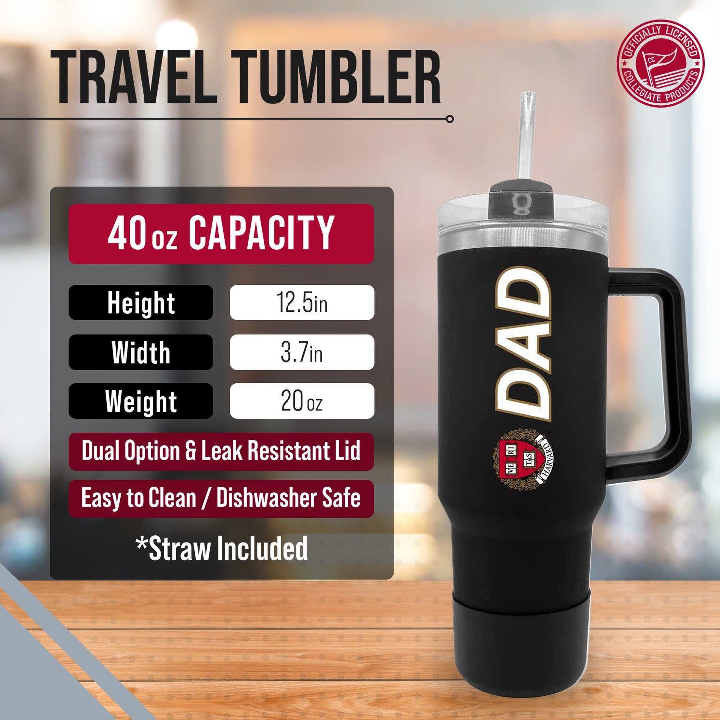 Harvard Crimson Collegiate 40oz Stainless Steel Travel Tumbler with Handle for Dad - Black