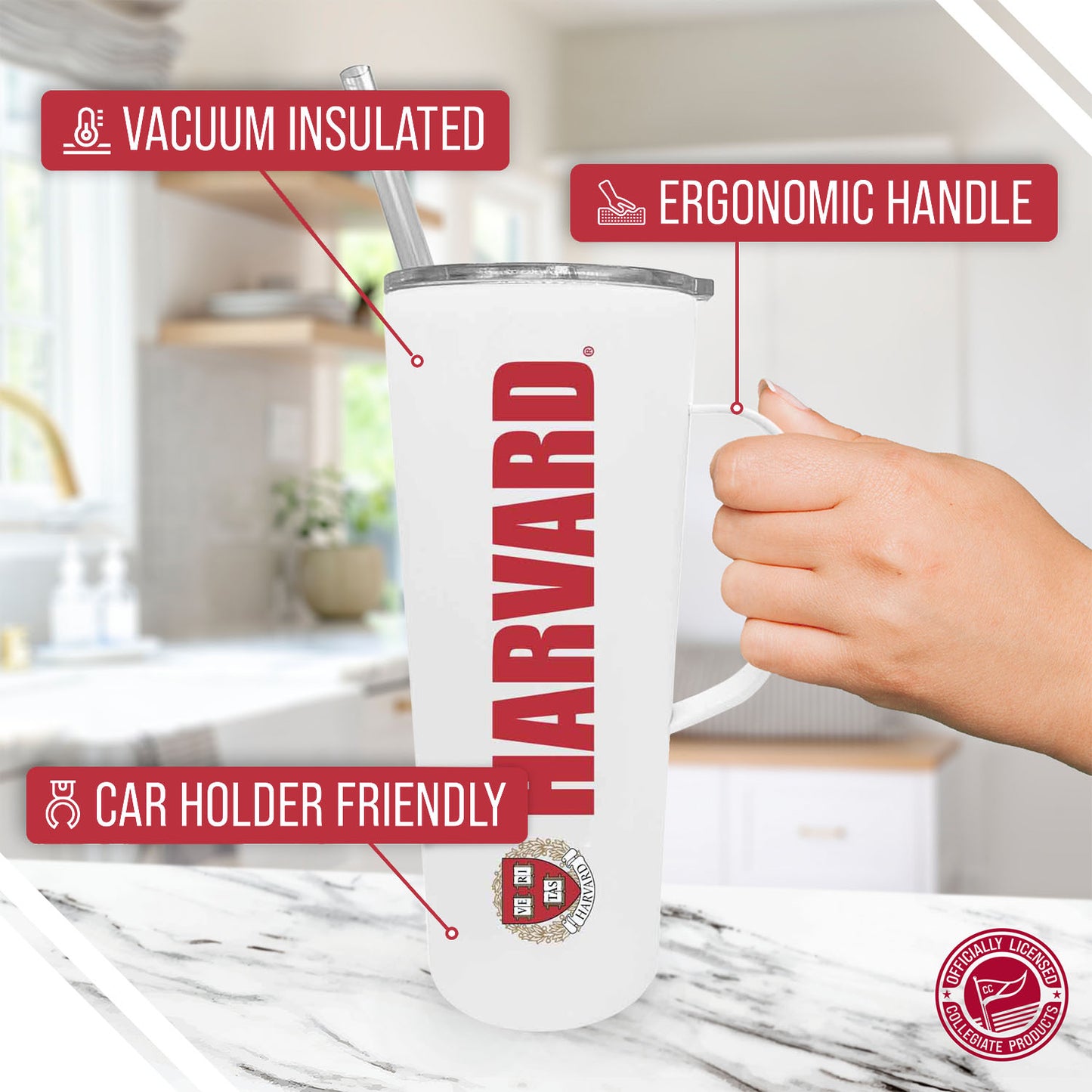 Harvard Crimson NCAA Stainless Steel 20oz Roadie With Handle & Dual Option Lid With Straw - White