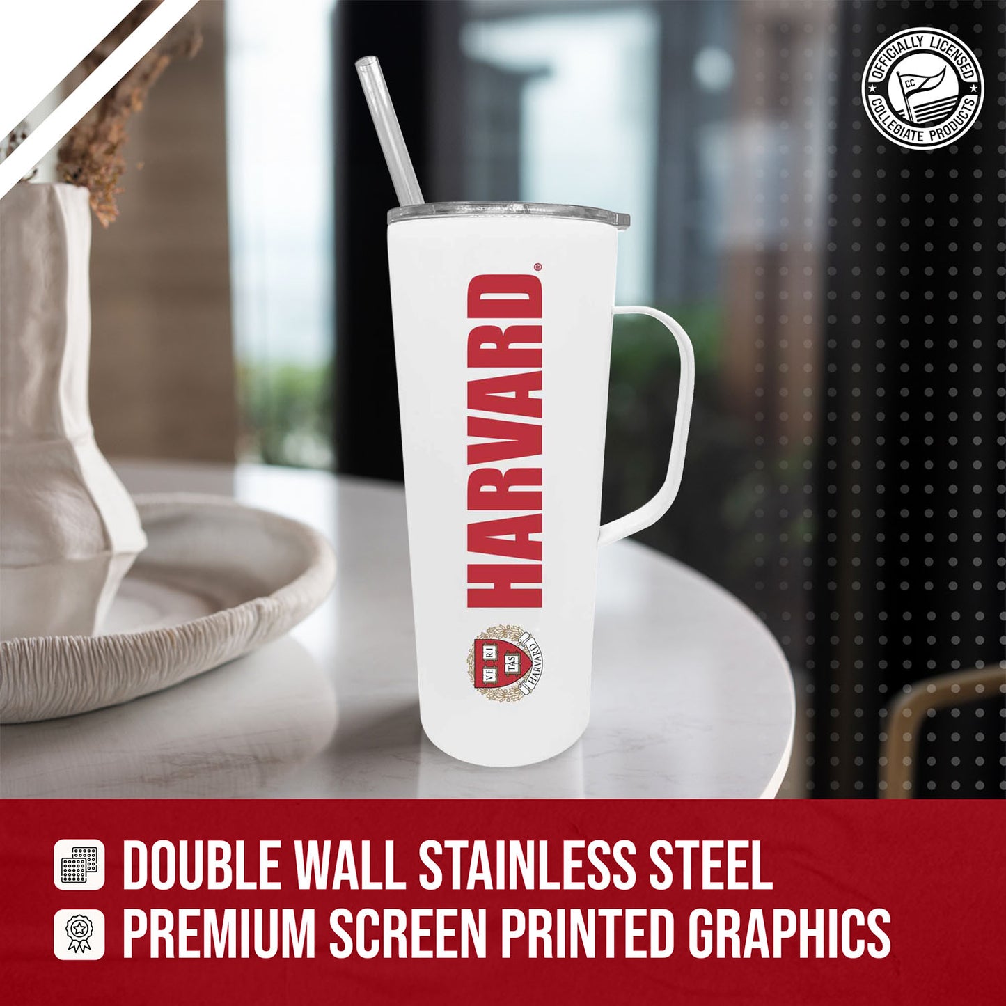Harvard Crimson NCAA Stainless Steel 20oz Roadie With Handle & Dual Option Lid With Straw - White