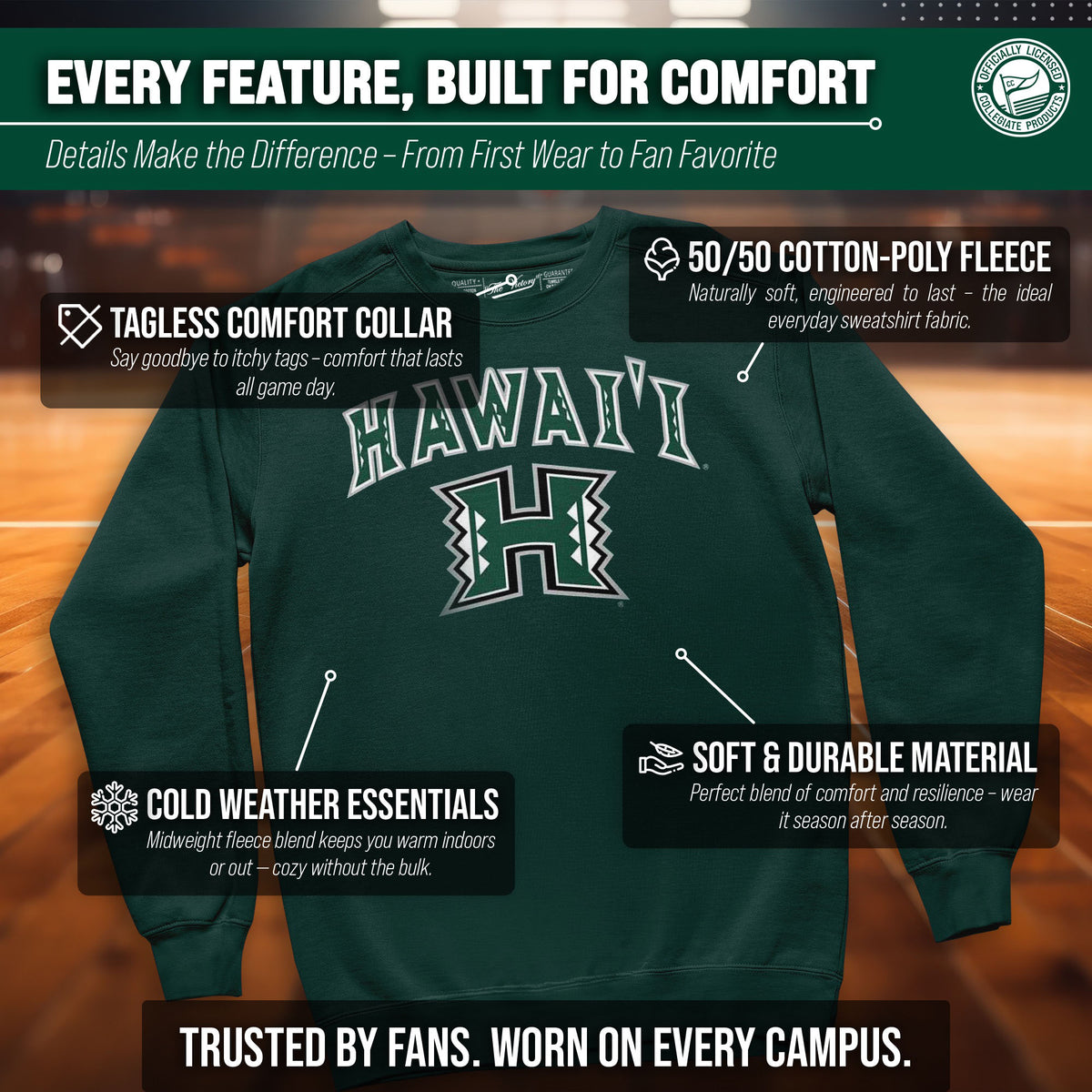 Hawaii Rainbow Warriors Adult Arch & Logo Soft Style Gameday Crewneck Sweatshirt - Green
