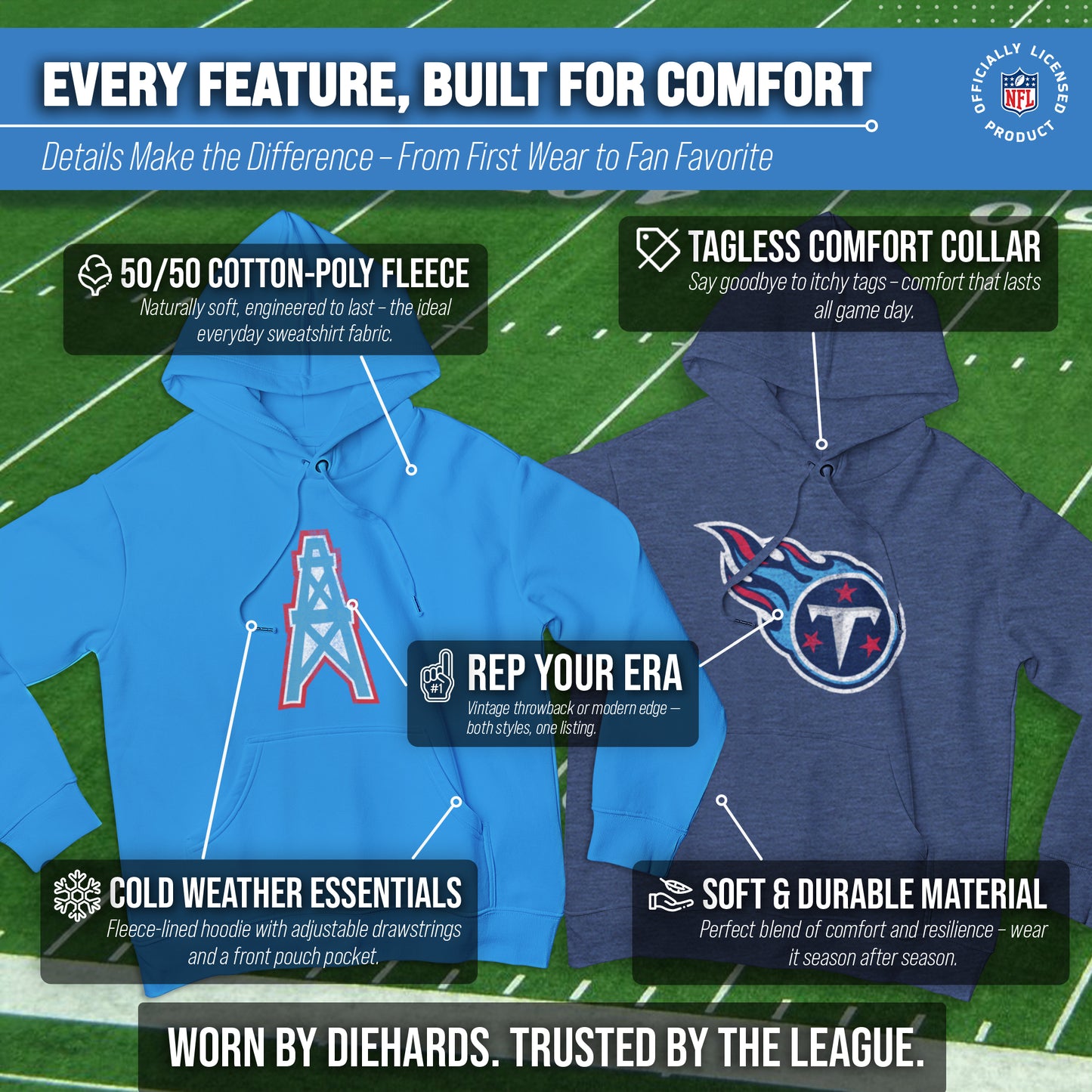 Houston Oilers NFL Adult Unisex Modern Throwback Ultra Soft Fleece Hooded Sweatshirt - Light Blue
