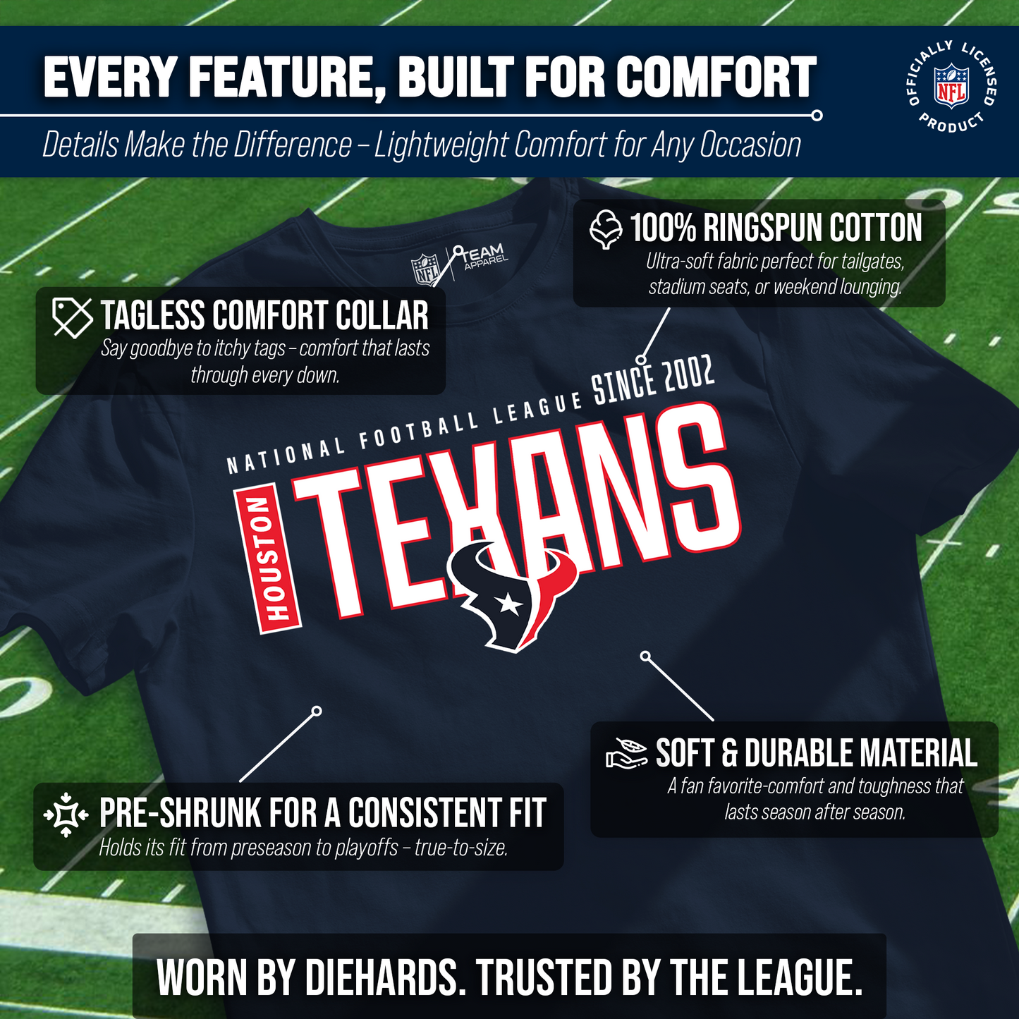 Houston Texans NFL Adult Modern Endzone Tag-Less T-Shirt - Navy