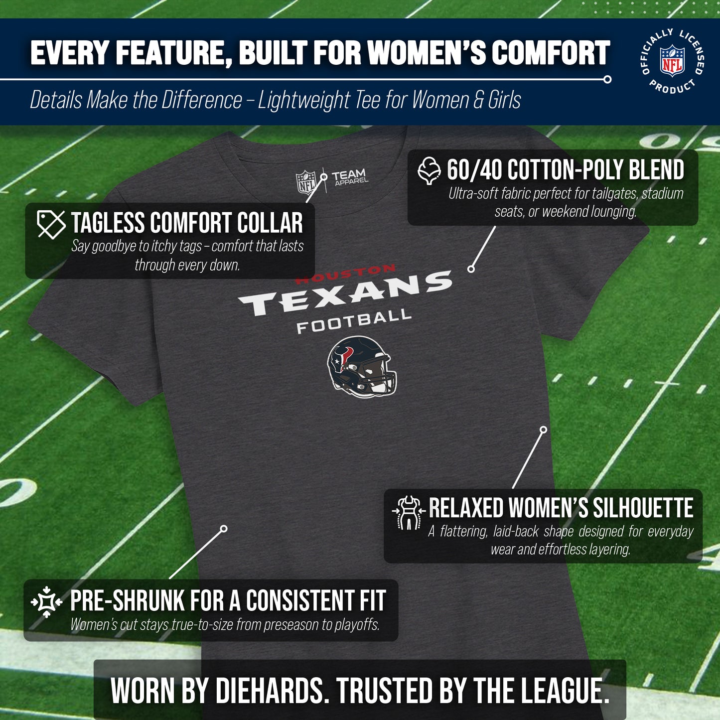 Houston Texans Women's NFL Football Helmet Short Sleeve Tagless T-Shirt - Charcoal