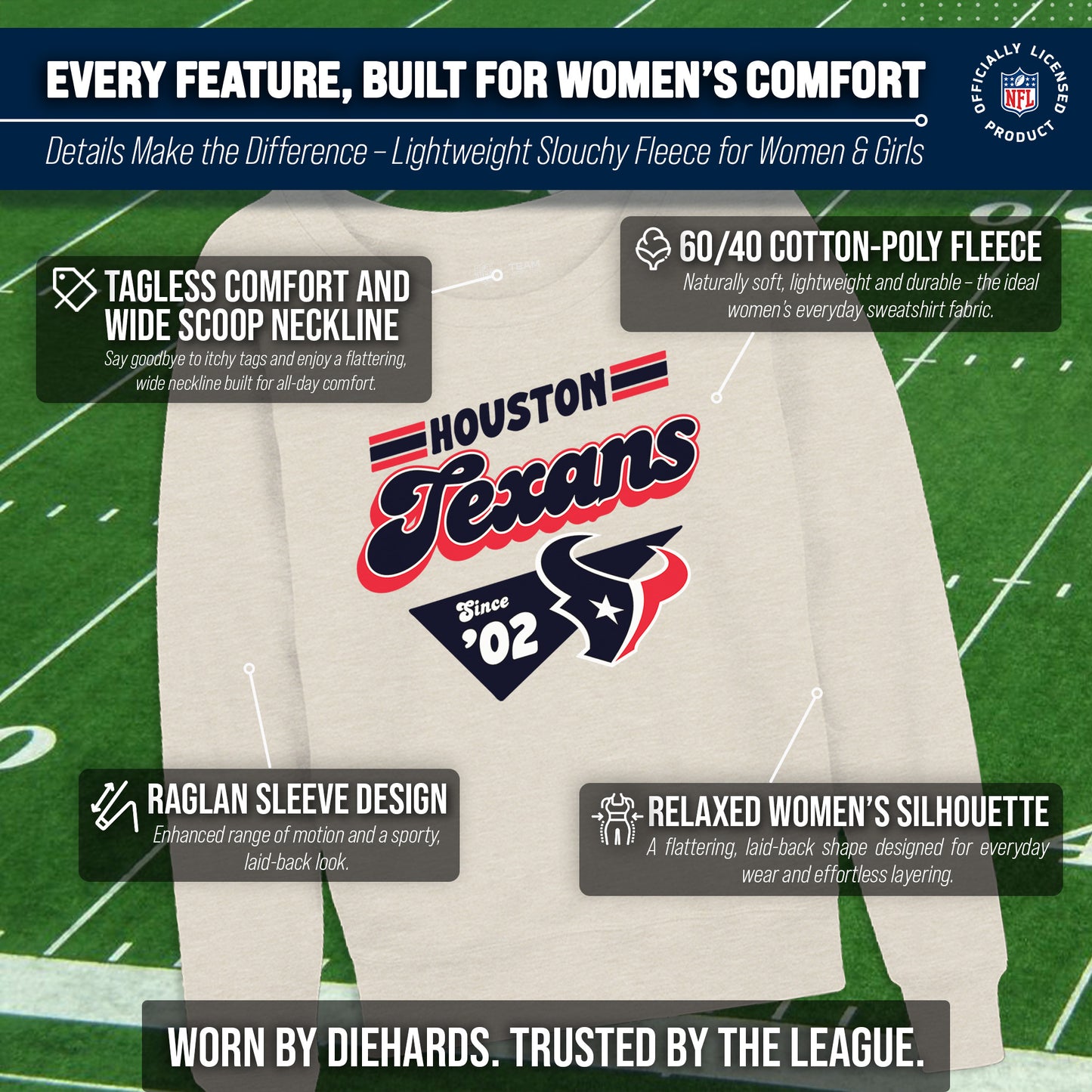 Houston Texans NFL Womens Vintage Charm French Terry Slouchy Top - Birch