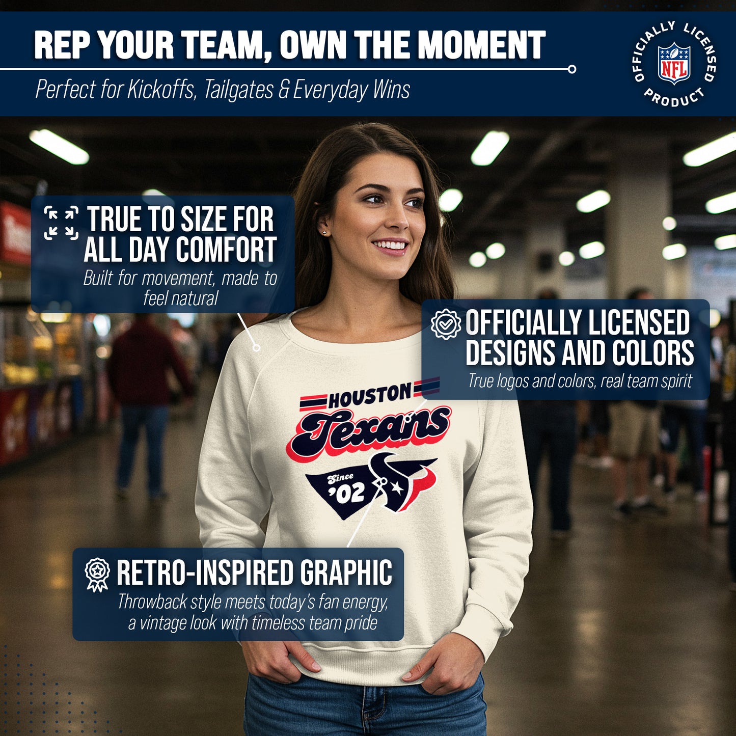 Houston Texans NFL Womens Vintage Charm French Terry Slouchy Top - Birch