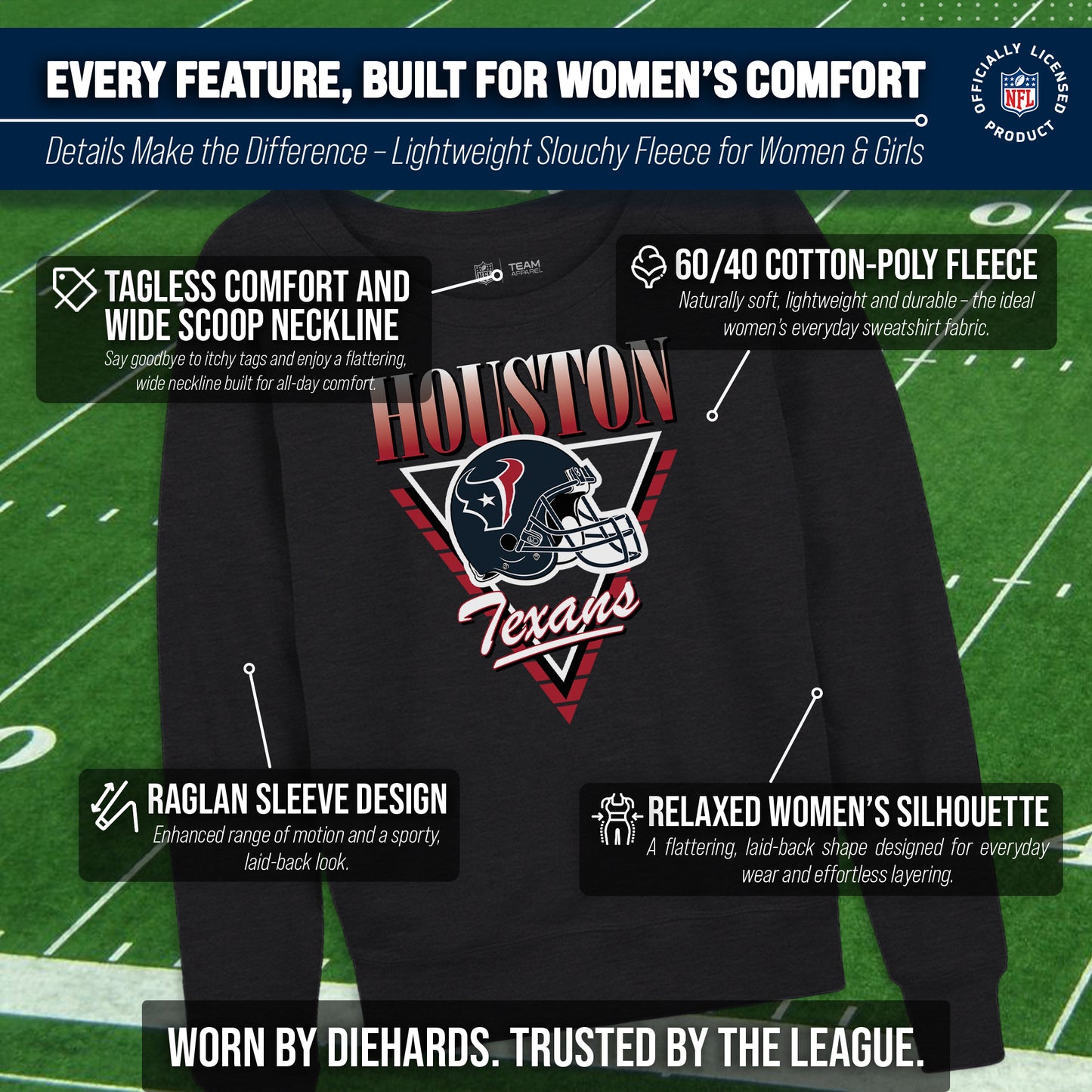 Houston Texans NFL Womens Retro Triangle French Terry Slouchy Top- Raglan Sleeves - Heather Charcoal