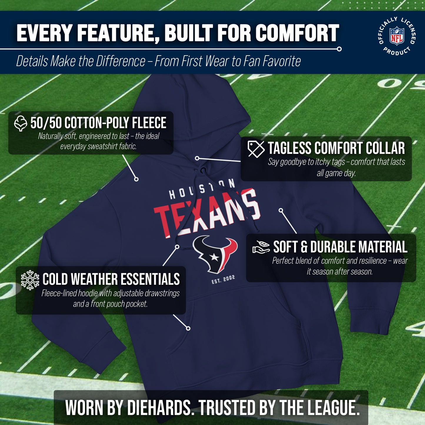 Houston Texans Adult NFL Diagonal Fade Fleece Hooded Sweatshirt - Navy