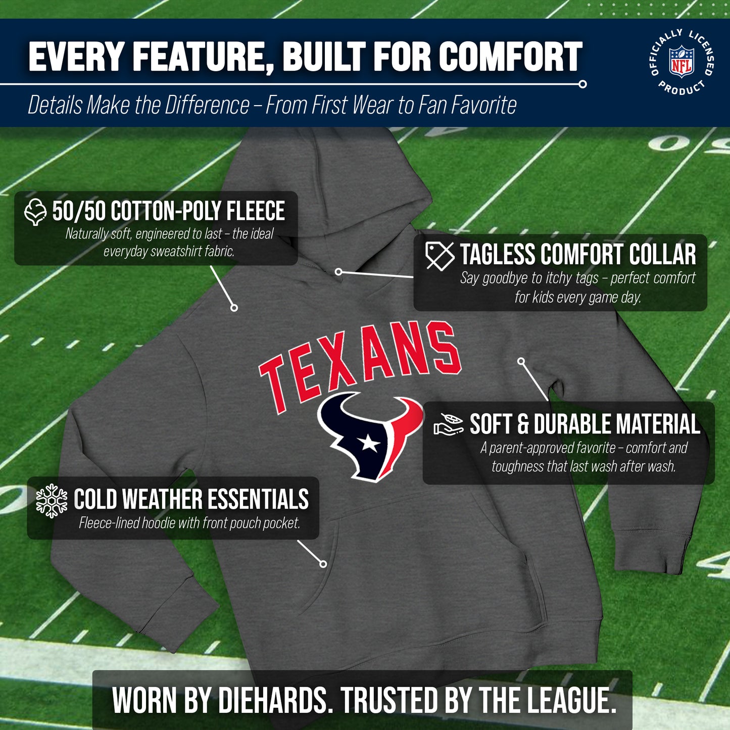 Houston Texans NFL Youth Home Team Hoodie- Kids Hooded Sweatshirt - Sport Gray