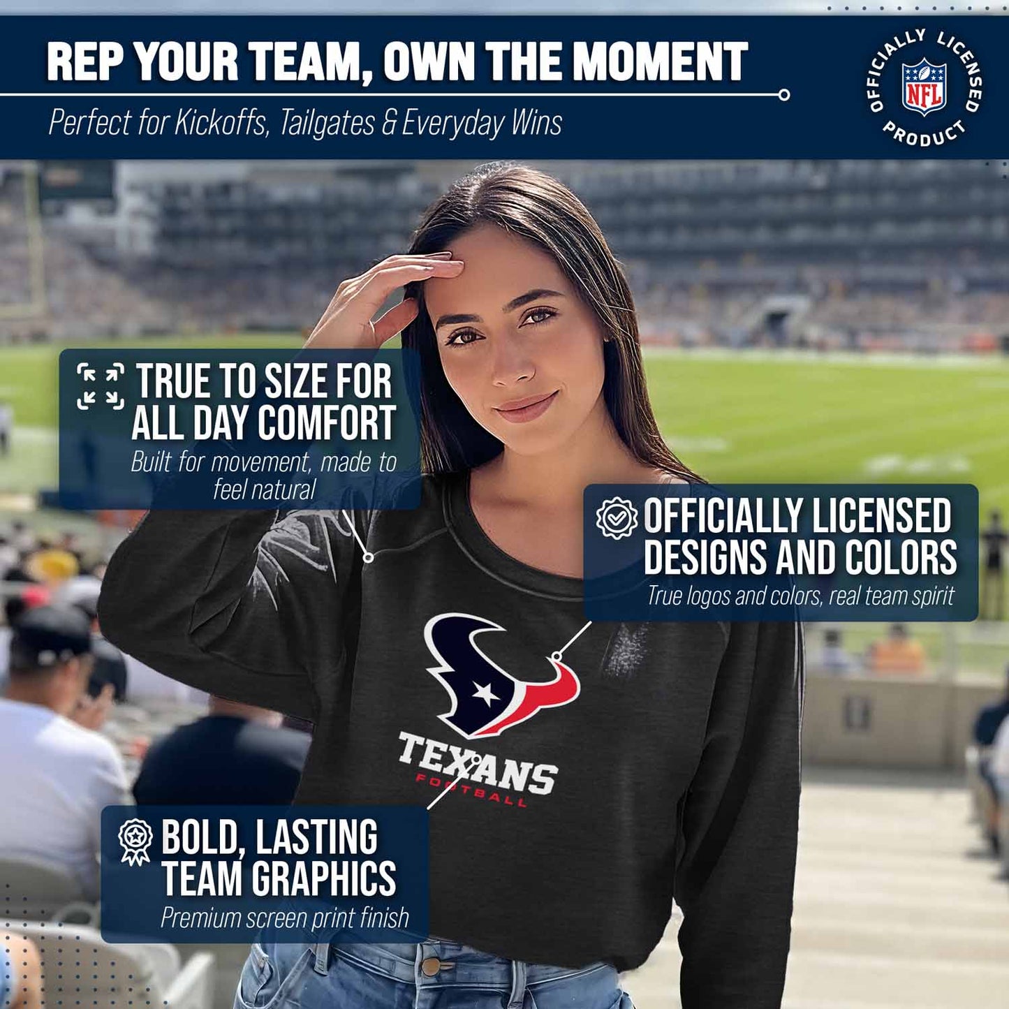 Houston Texans NFL Womens Ultimate Fan French Terry Slouchy Top- Raglan Sleeves - Charcoal
