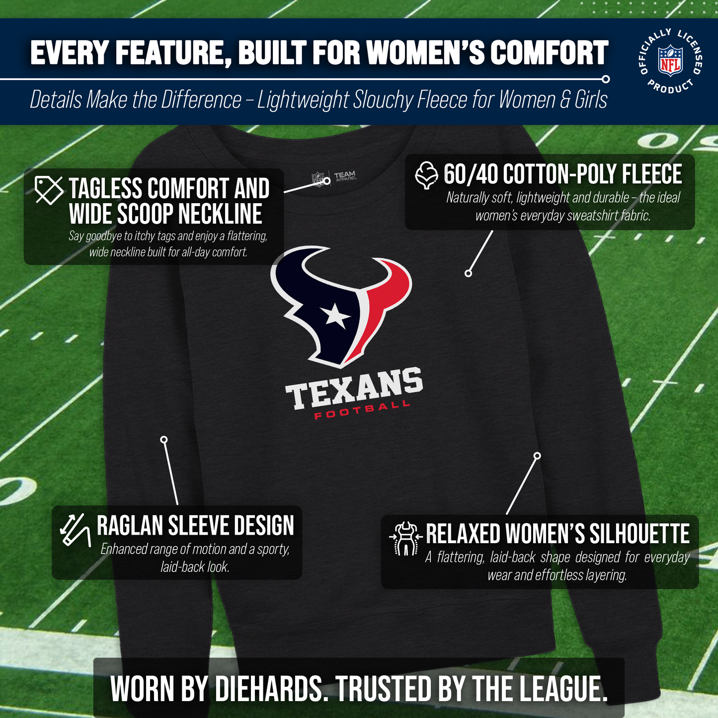 Houston Texans NFL Womens Ultimate Fan French Terry Slouchy Top- Raglan Sleeves - Charcoal