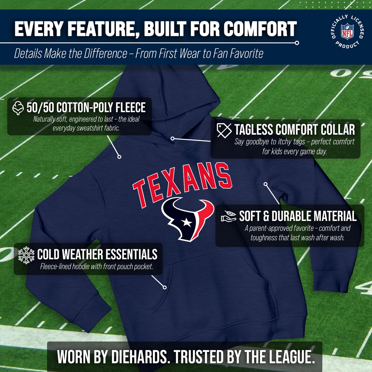 Houston Texans NFL Youth Home Team Hoodie- Kids Hooded Sweatshirt - Navy