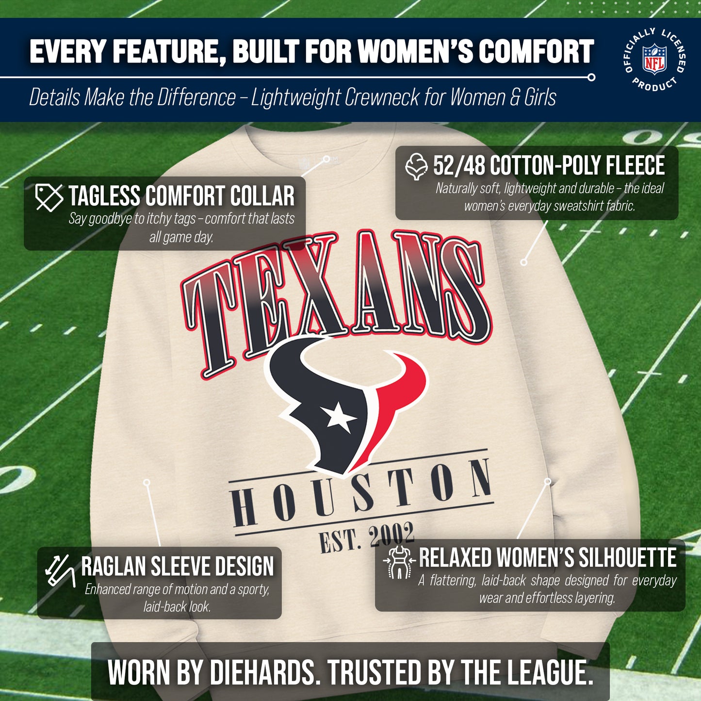 Houston Texans Womens NFL Starstruck Crewneck Pullover - Cream