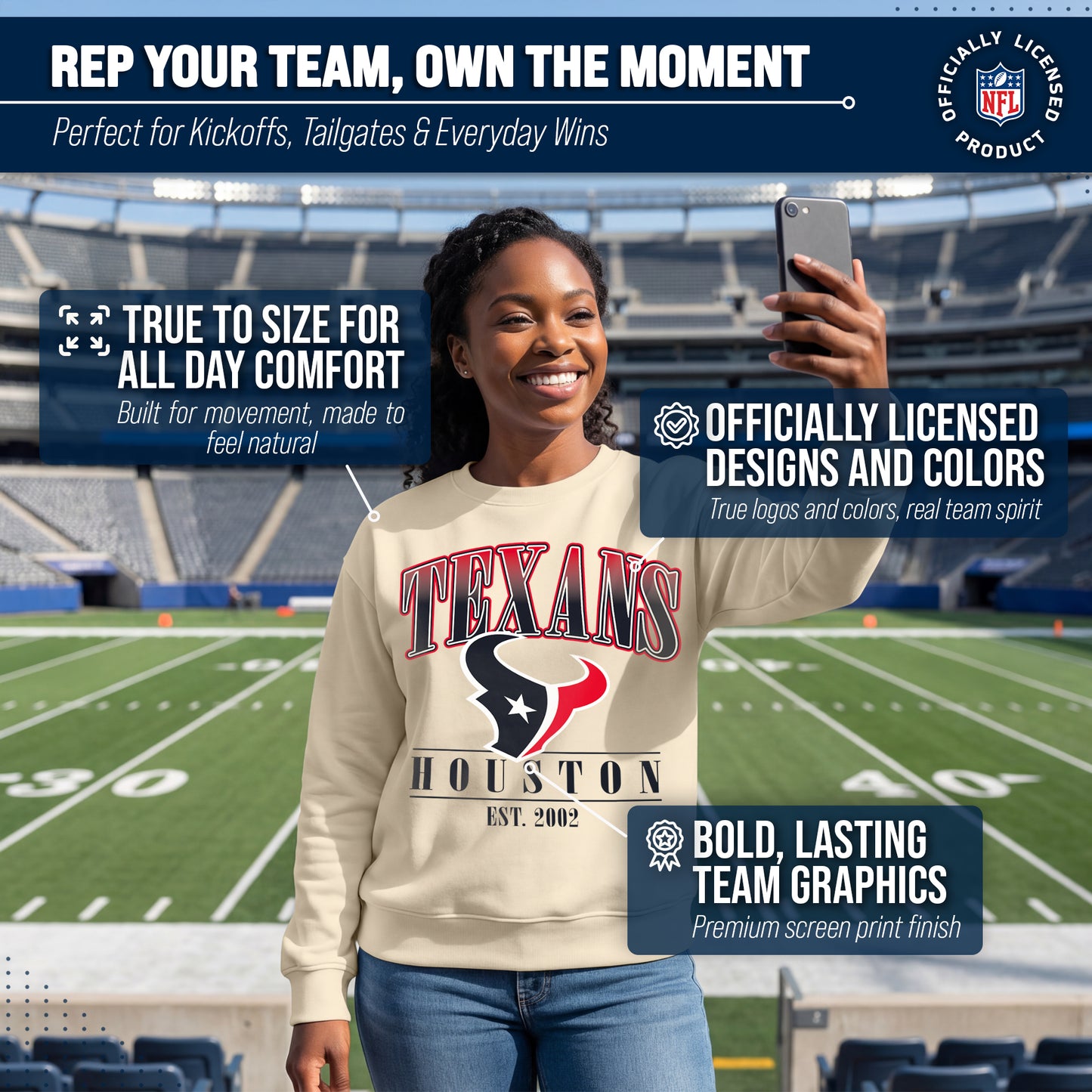 Houston Texans Womens NFL Starstruck Crewneck Pullover - Cream