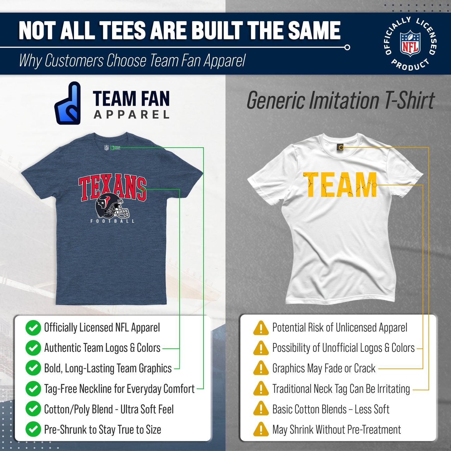 Houston Texans NFL Adult All Star Heather Tag-Less T-Shirt - Navy Heather